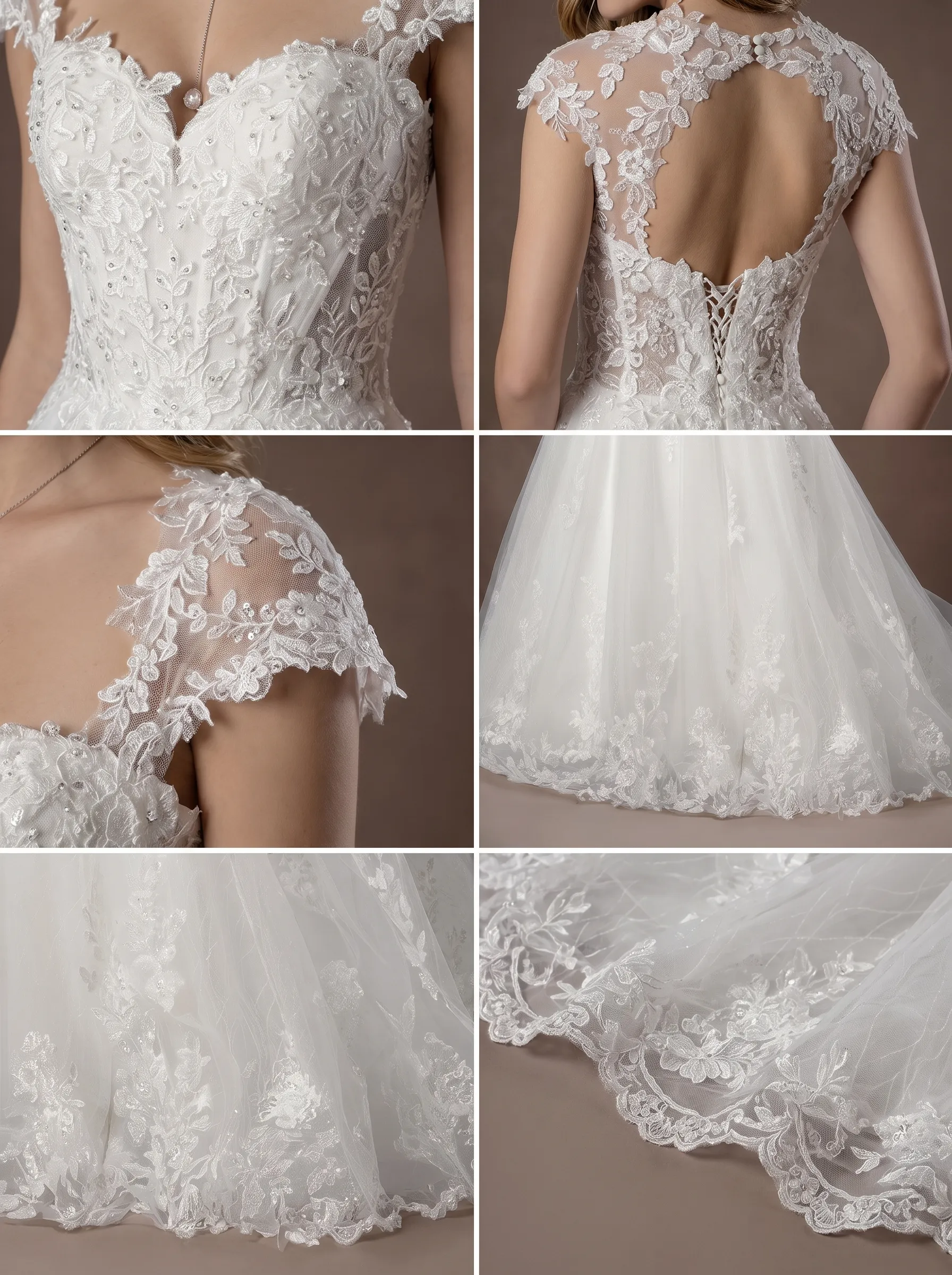 Romantic Cap Sleeve Floral Lace A-Line Wedding Dress | Sweetheart Corset Tulle Bridal Gown with Chapel Train W6007