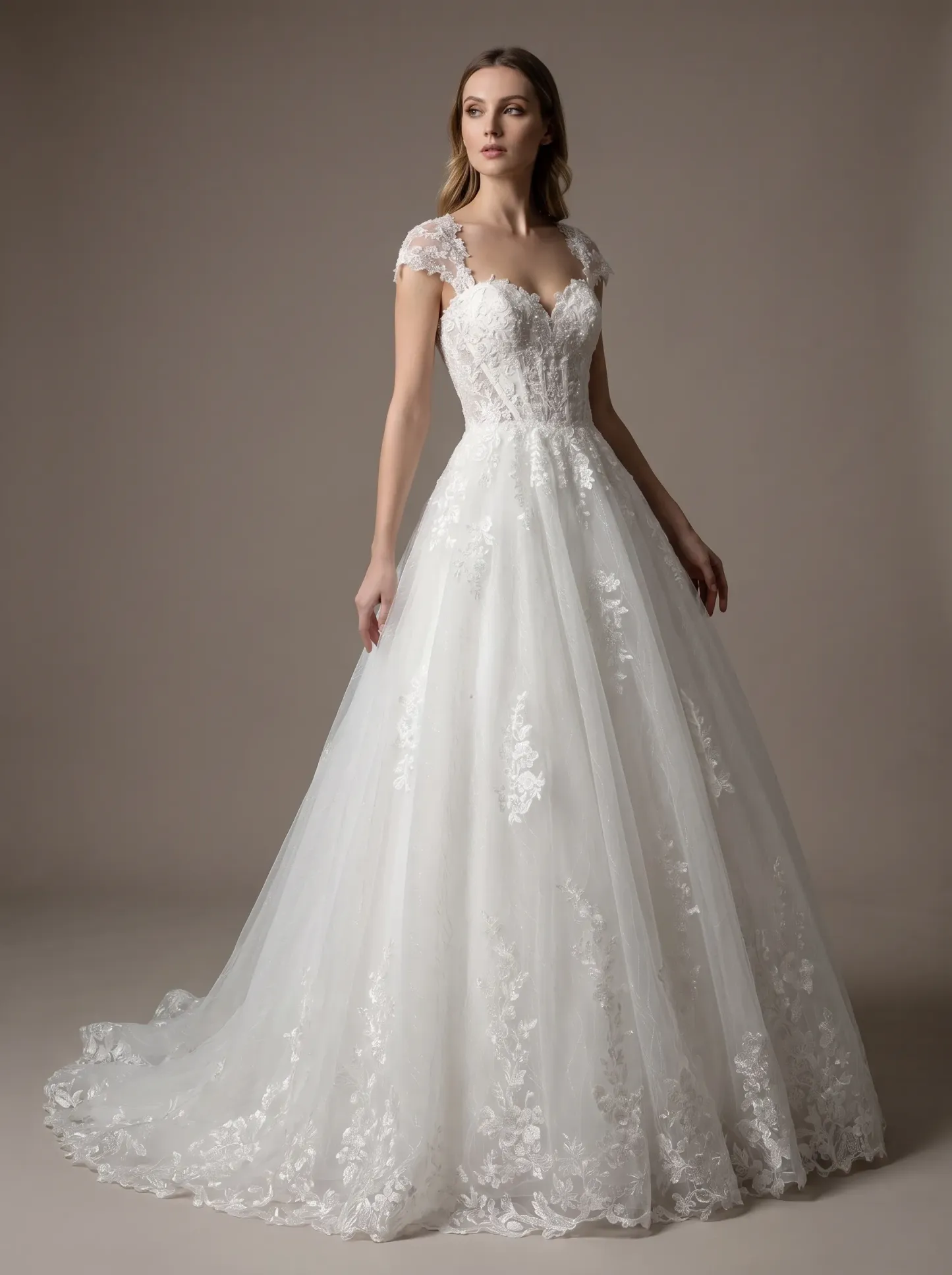 Romantic Cap Sleeve Floral Lace A-Line Wedding Dress | Sweetheart Corset Tulle Bridal Gown with Chapel Train W6007