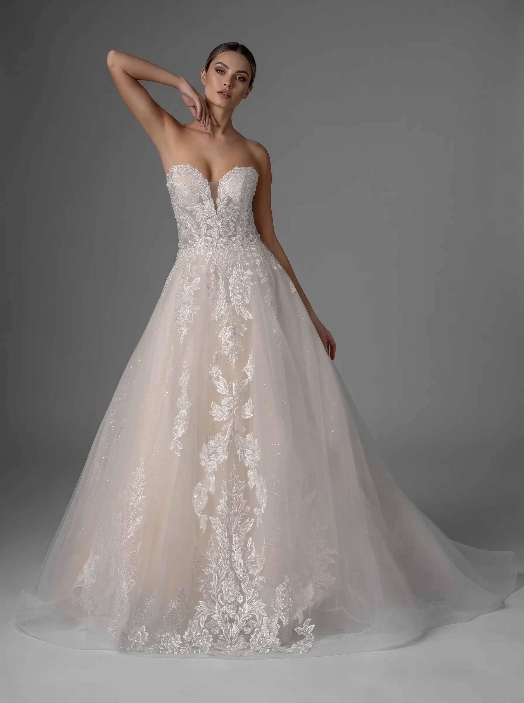 2-Way Convertible Floral Lace A-Line Wedding Dress | Strapless Sweetheart Bridal Gown with Detachable Long Sleeve Bolero Jacket W6008