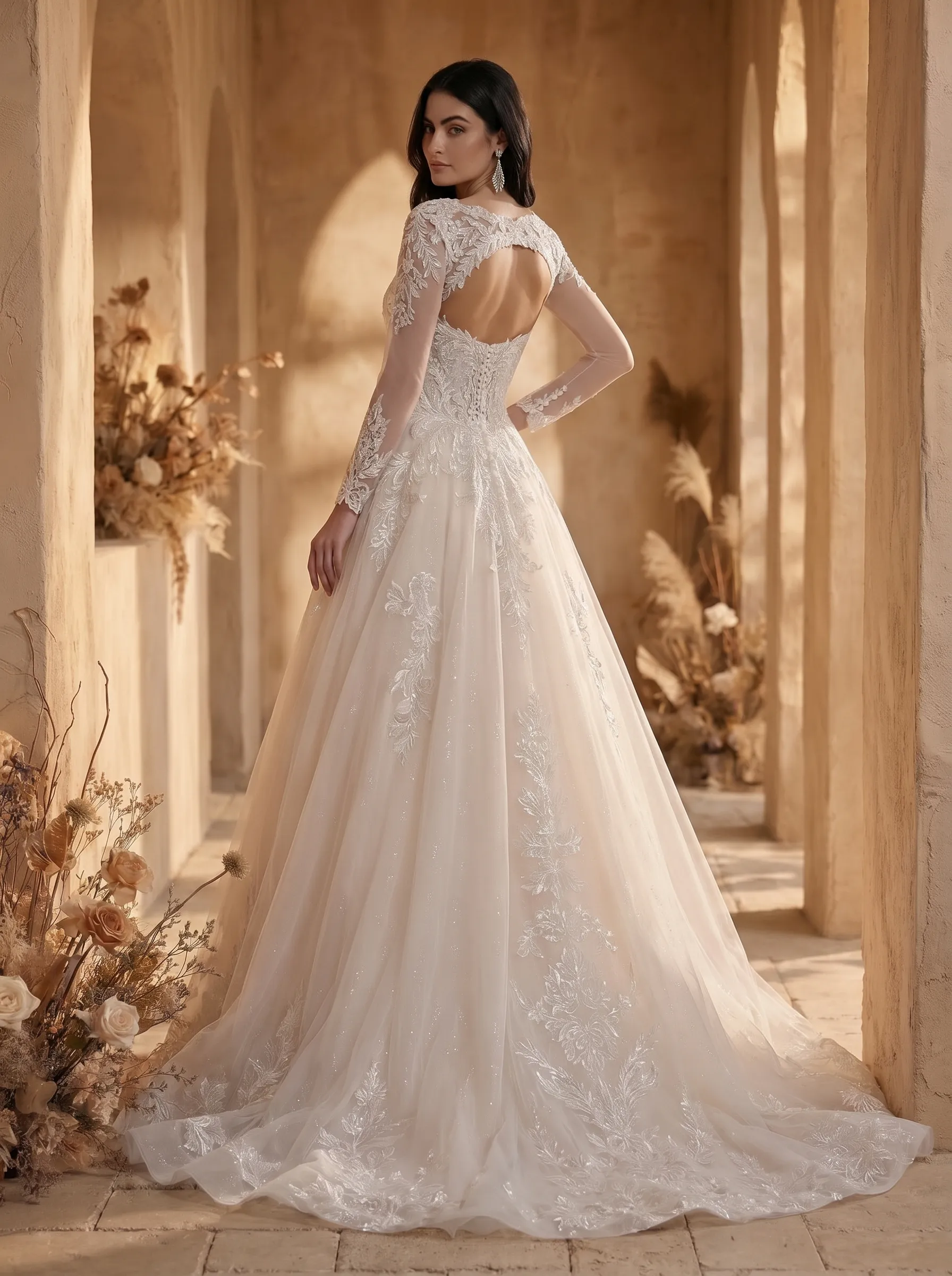 2-Way Convertible Floral Lace A-Line Wedding Dress | Strapless Sweetheart Bridal Gown with Detachable Long Sleeve Bolero Jacket W6008