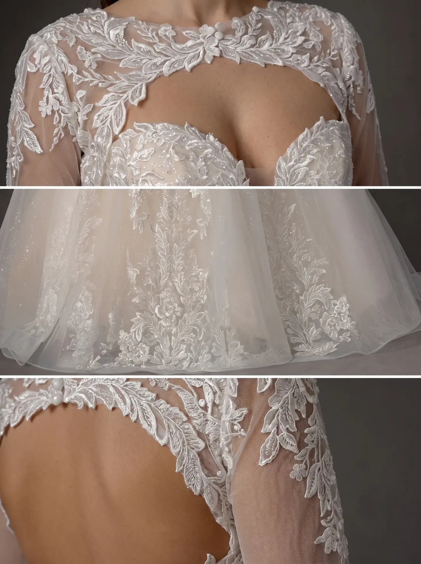2-Way Convertible Floral Lace A-Line Wedding Dress | Strapless Sweetheart Bridal Gown with Detachable Long Sleeve Bolero Jacket W6008