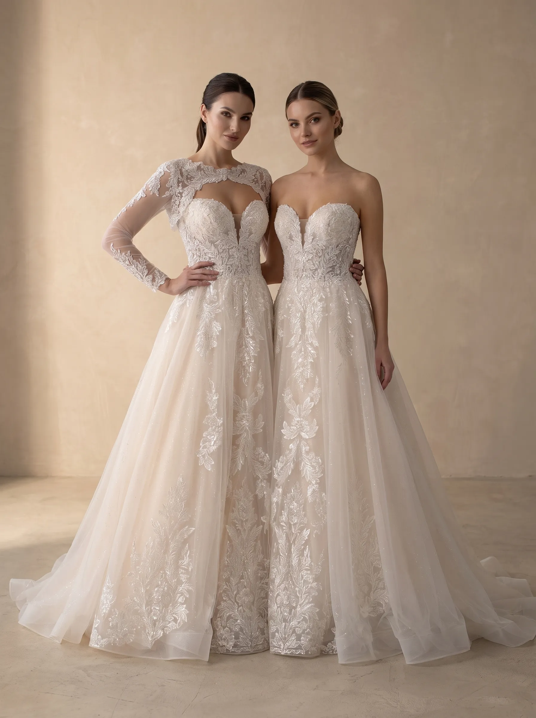 2-Way Convertible Floral Lace A-Line Wedding Dress | Strapless Sweetheart Bridal Gown with Detachable Long Sleeve Bolero Jacket W6008