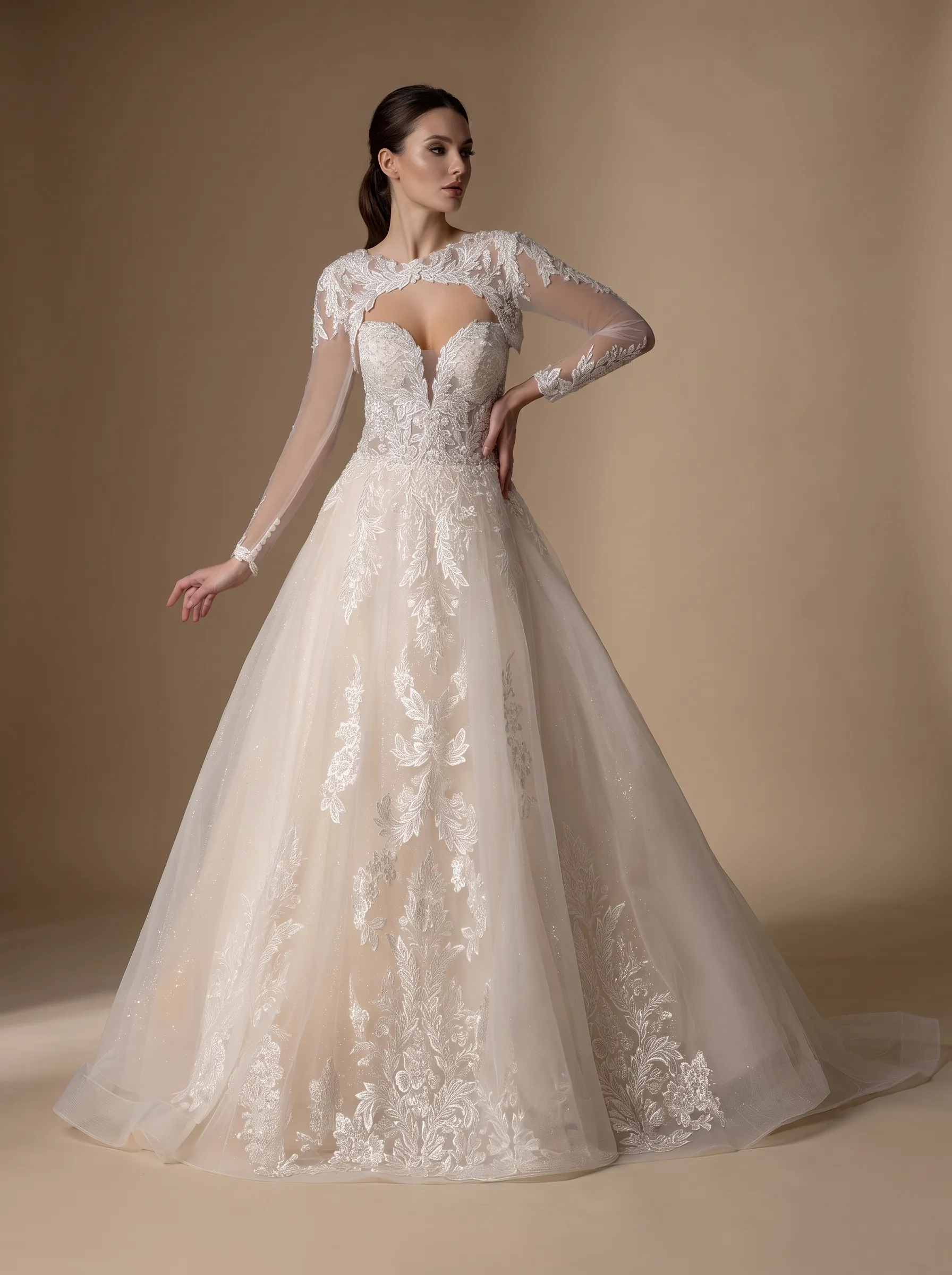 2-Way Convertible Floral Lace A-Line Wedding Dress | Strapless Sweetheart Bridal Gown with Detachable Long Sleeve Bolero Jacket W6008