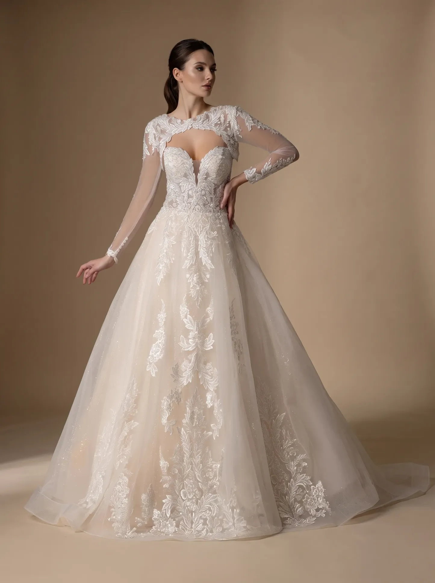 2-Way Convertible Floral Lace A-Line Wedding Dress | Strapless Sweetheart Bridal Gown with Detachable Long Sleeve Bolero Jacket W6008