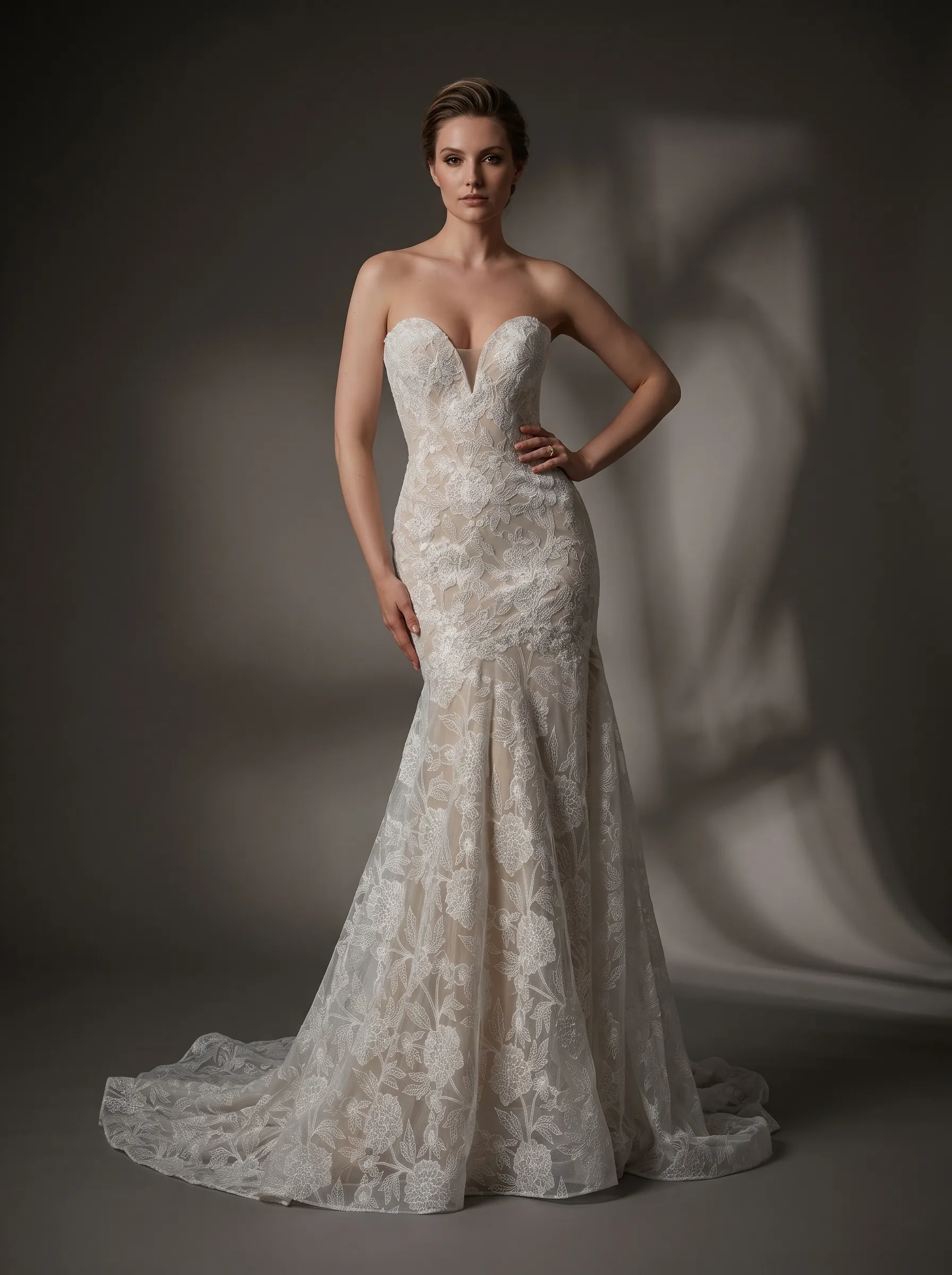 Romantic Floral Lace Strapless Mermaid Wedding Dress | Sweetheart Plunge Boned Corset Bridal Gown with Court Train W6009