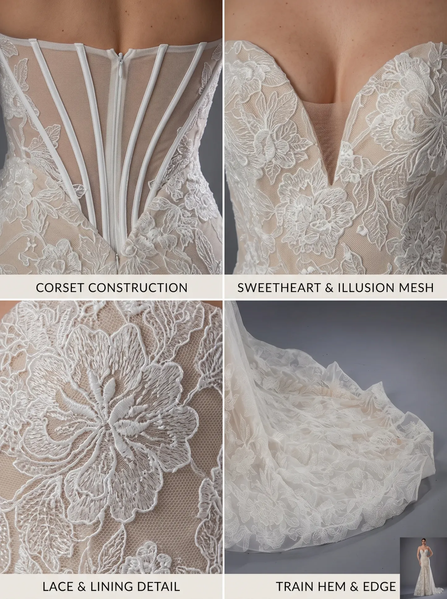Romantic Floral Lace Strapless Mermaid Wedding Dress | Sweetheart Plunge Boned Corset Bridal Gown with Court Train W6009