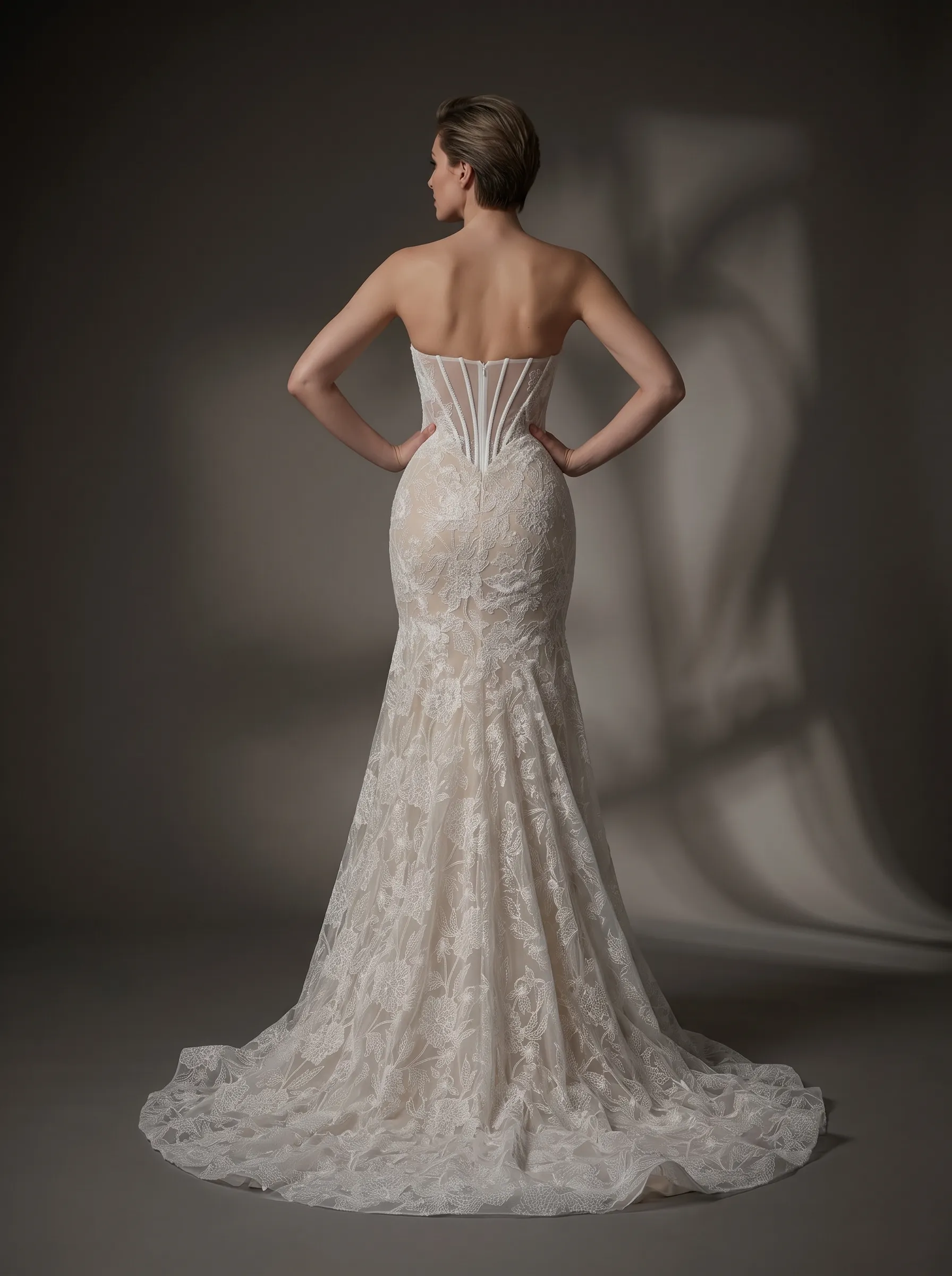 Romantic Floral Lace Strapless Mermaid Wedding Dress | Sweetheart Plunge Boned Corset Bridal Gown with Court Train W6009