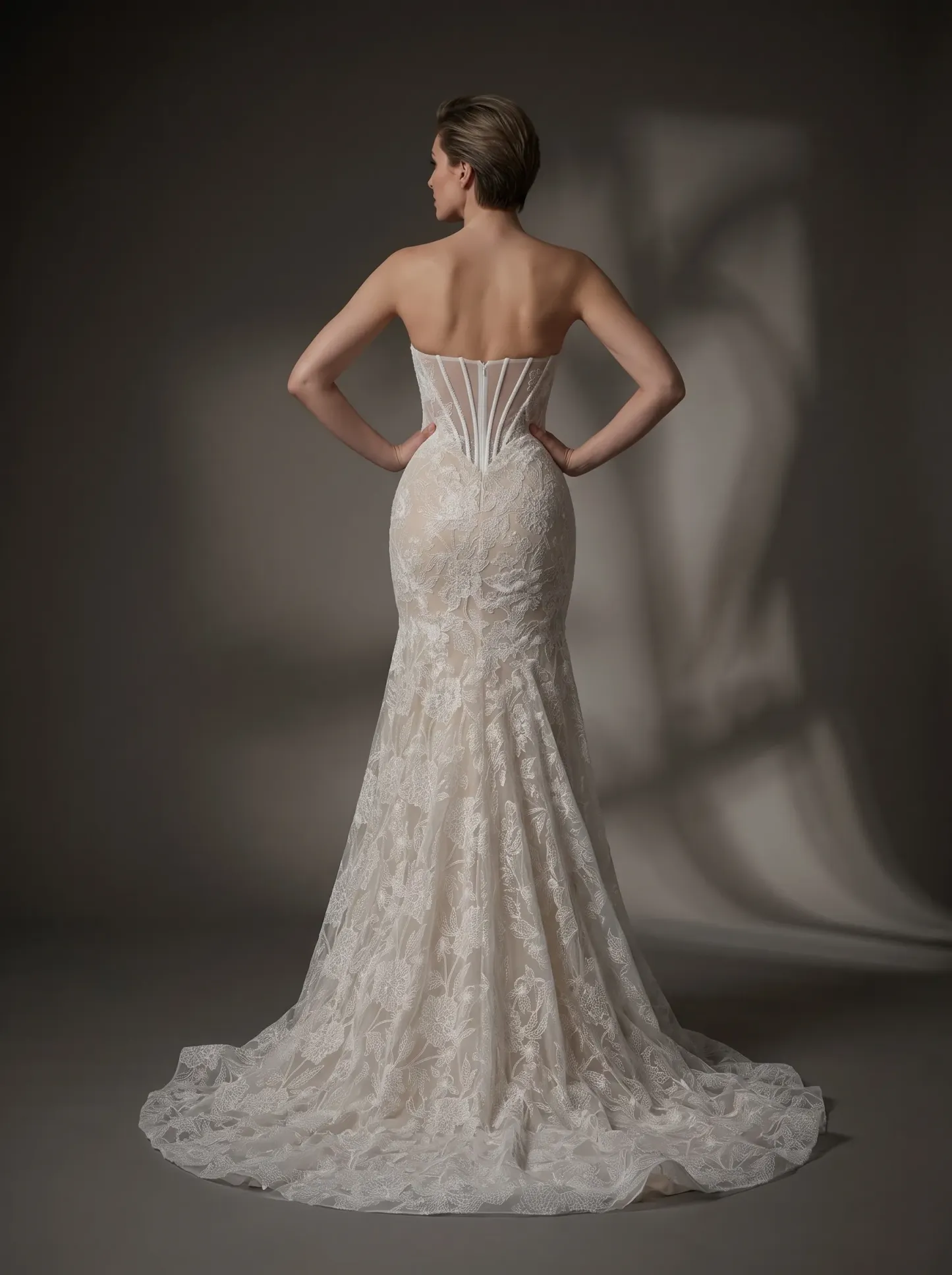 Romantic Floral Lace Strapless Mermaid Wedding Dress | Sweetheart Plunge Boned Corset Bridal Gown with Court Train W6009