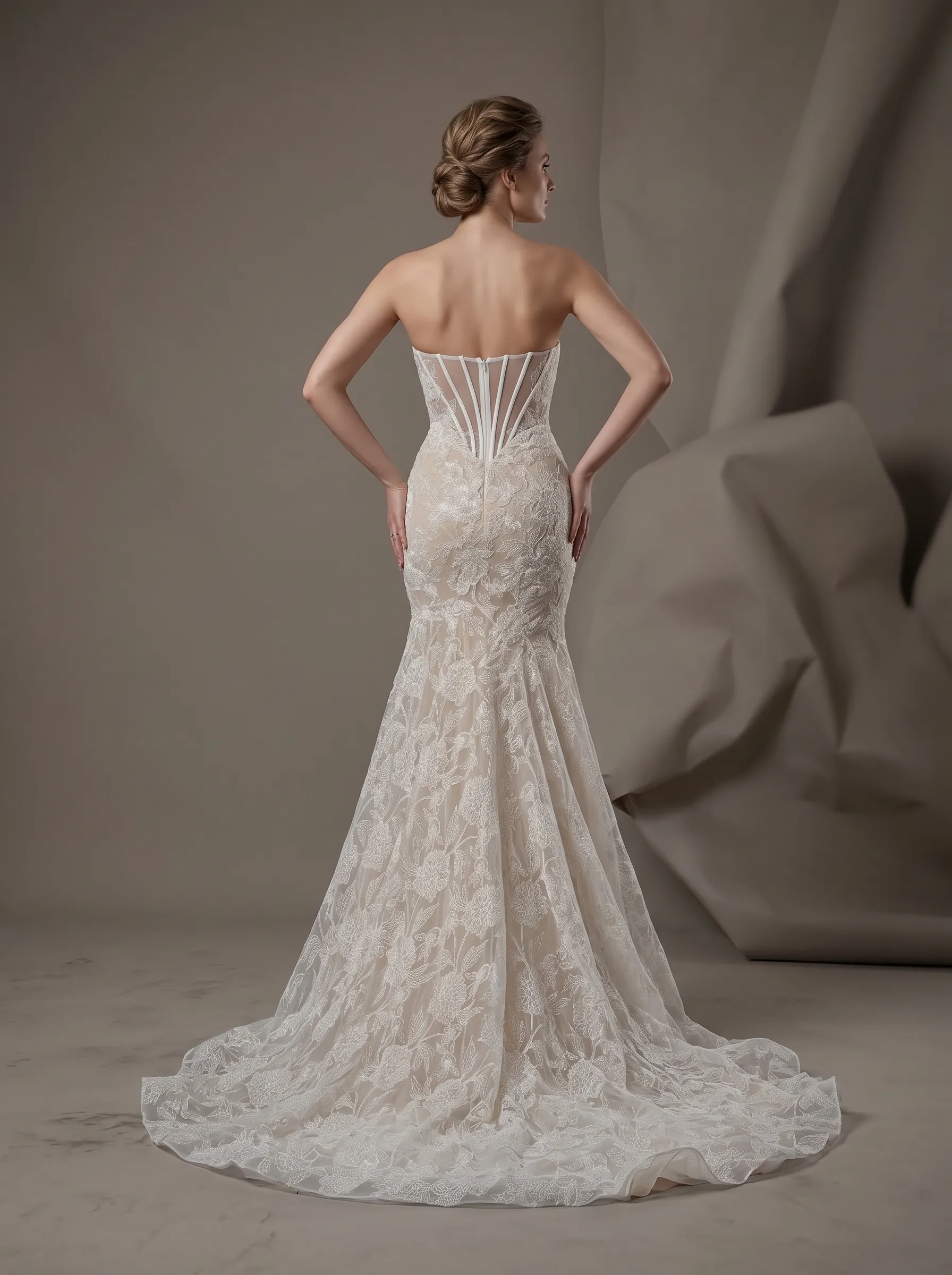 Romantic Floral Lace Strapless Mermaid Wedding Dress | Sweetheart Plunge Boned Corset Bridal Gown with Court Train W6009