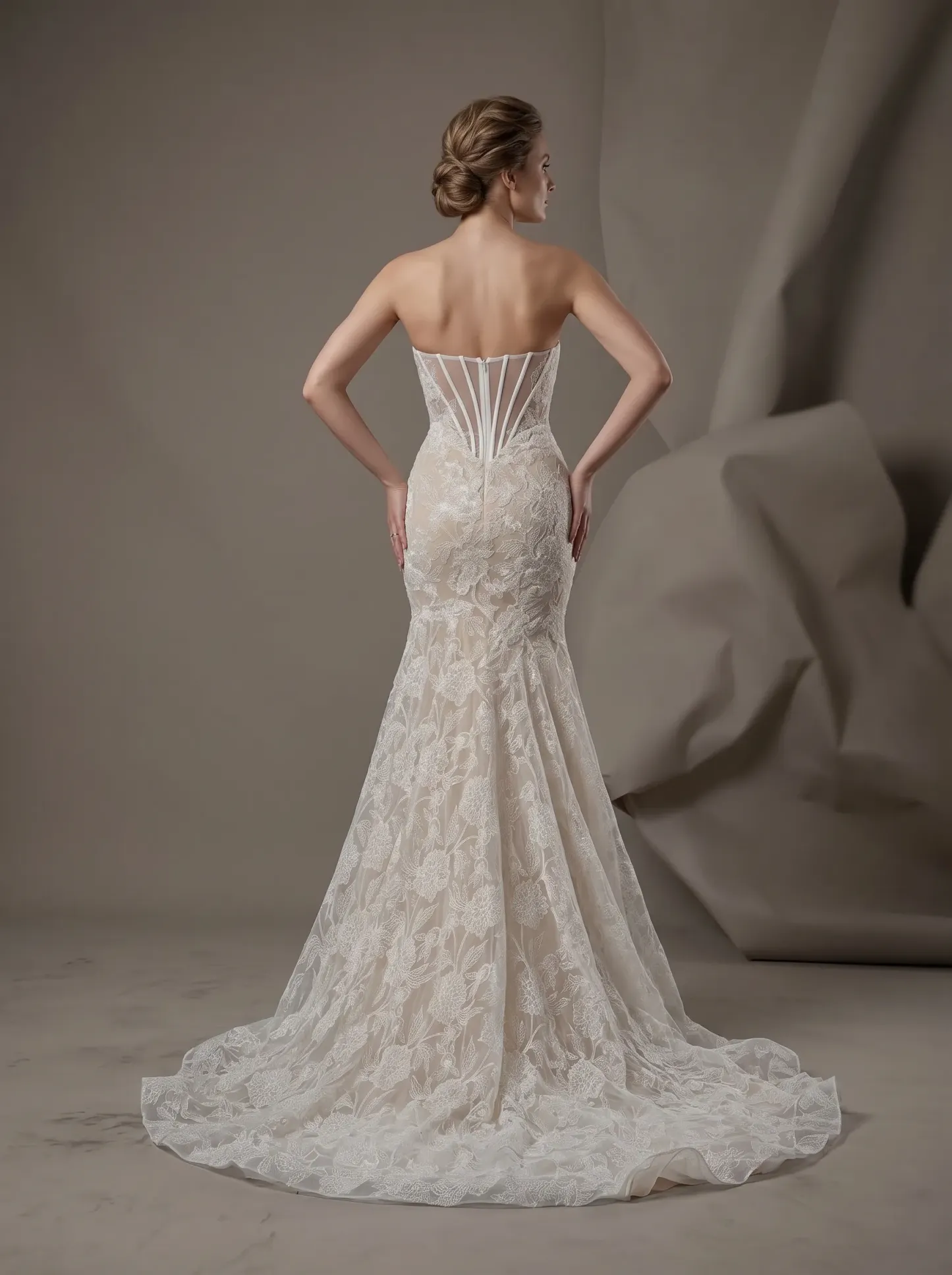 Romantic Floral Lace Strapless Mermaid Wedding Dress | Sweetheart Plunge Boned Corset Bridal Gown with Court Train W6009