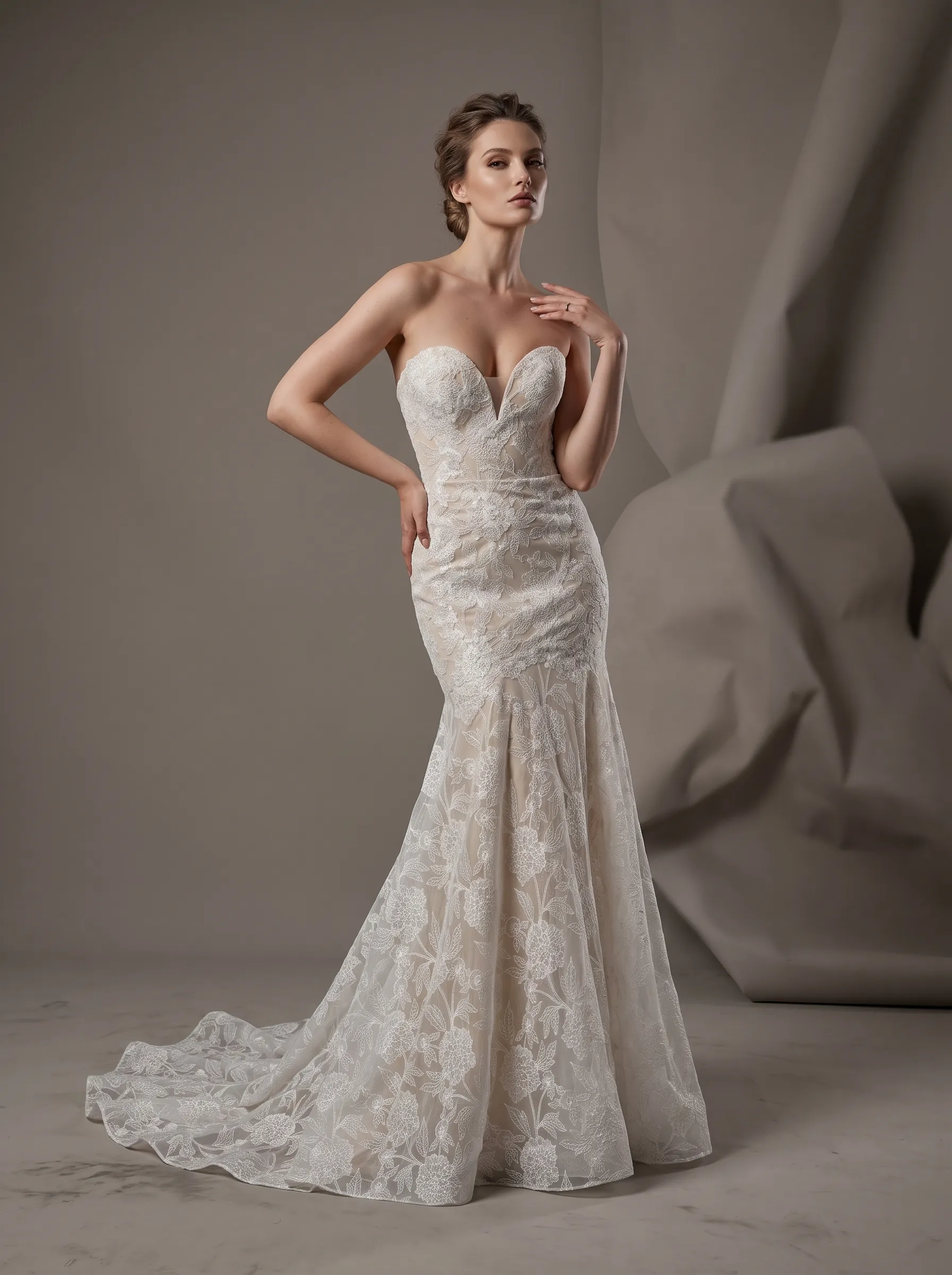 Romantic Floral Lace Strapless Mermaid Wedding Dress | Sweetheart Plunge Boned Corset Bridal Gown with Court Train W6009