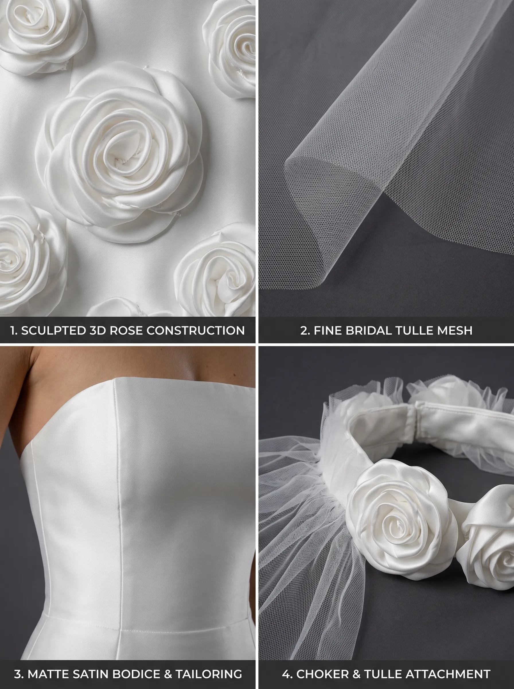  Modern Couture Satin Mermaid Wedding Dress | Strapless Straight Neckline Bridal Gown with 3D Rosette Hem and Sheer Cape W6010