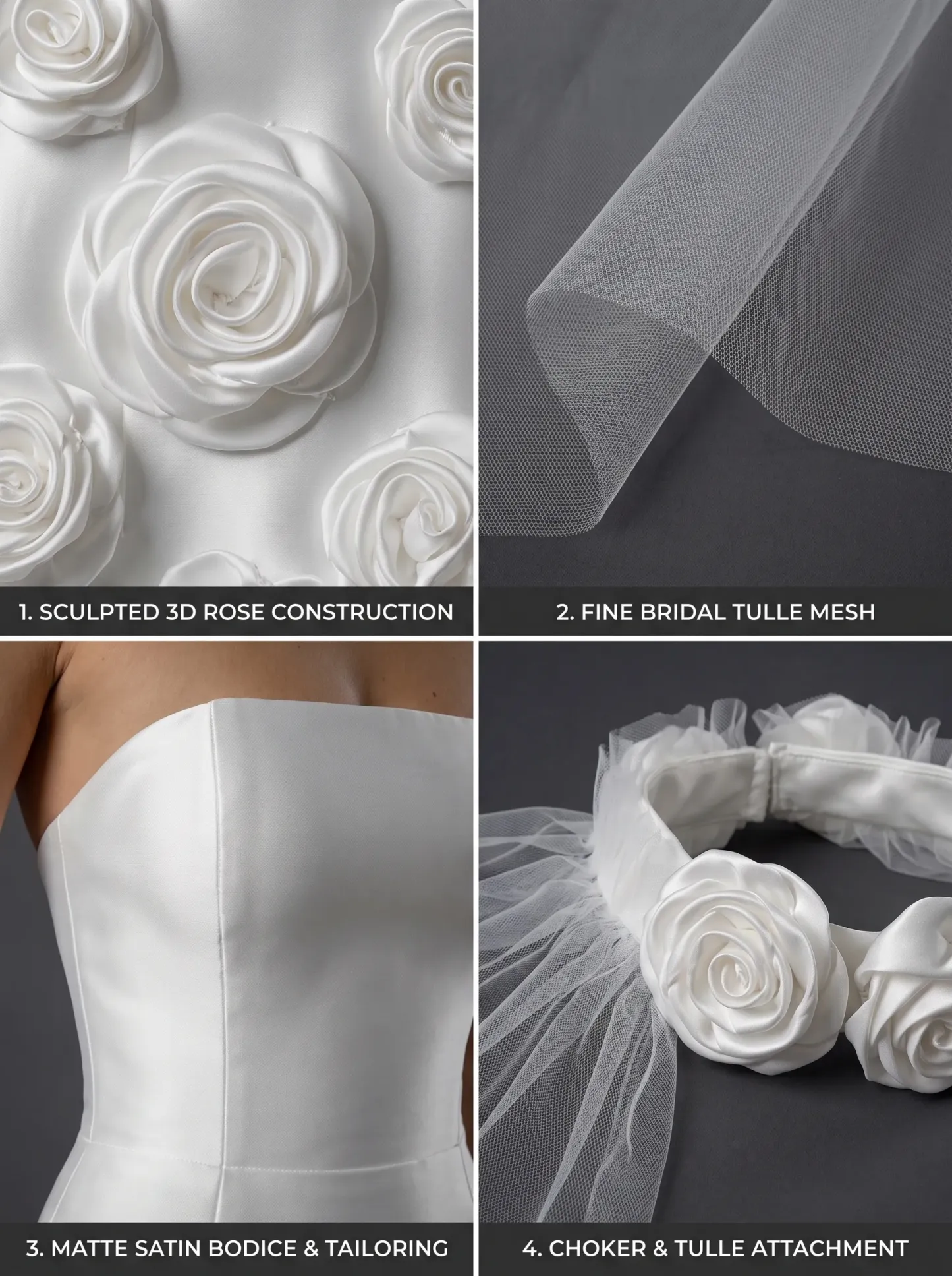  Modern Couture Satin Mermaid Wedding Dress | Strapless Straight Neckline Bridal Gown with 3D Rosette Hem and Sheer Cape W6010
