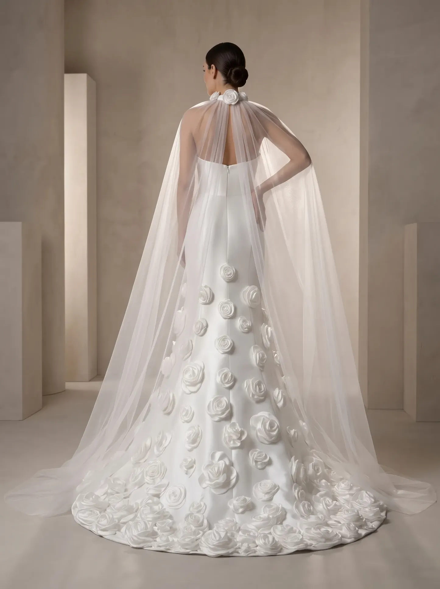  Modern Couture Satin Mermaid Wedding Dress | Strapless Straight Neckline Bridal Gown with 3D Rosette Hem and Sheer Cape W6010