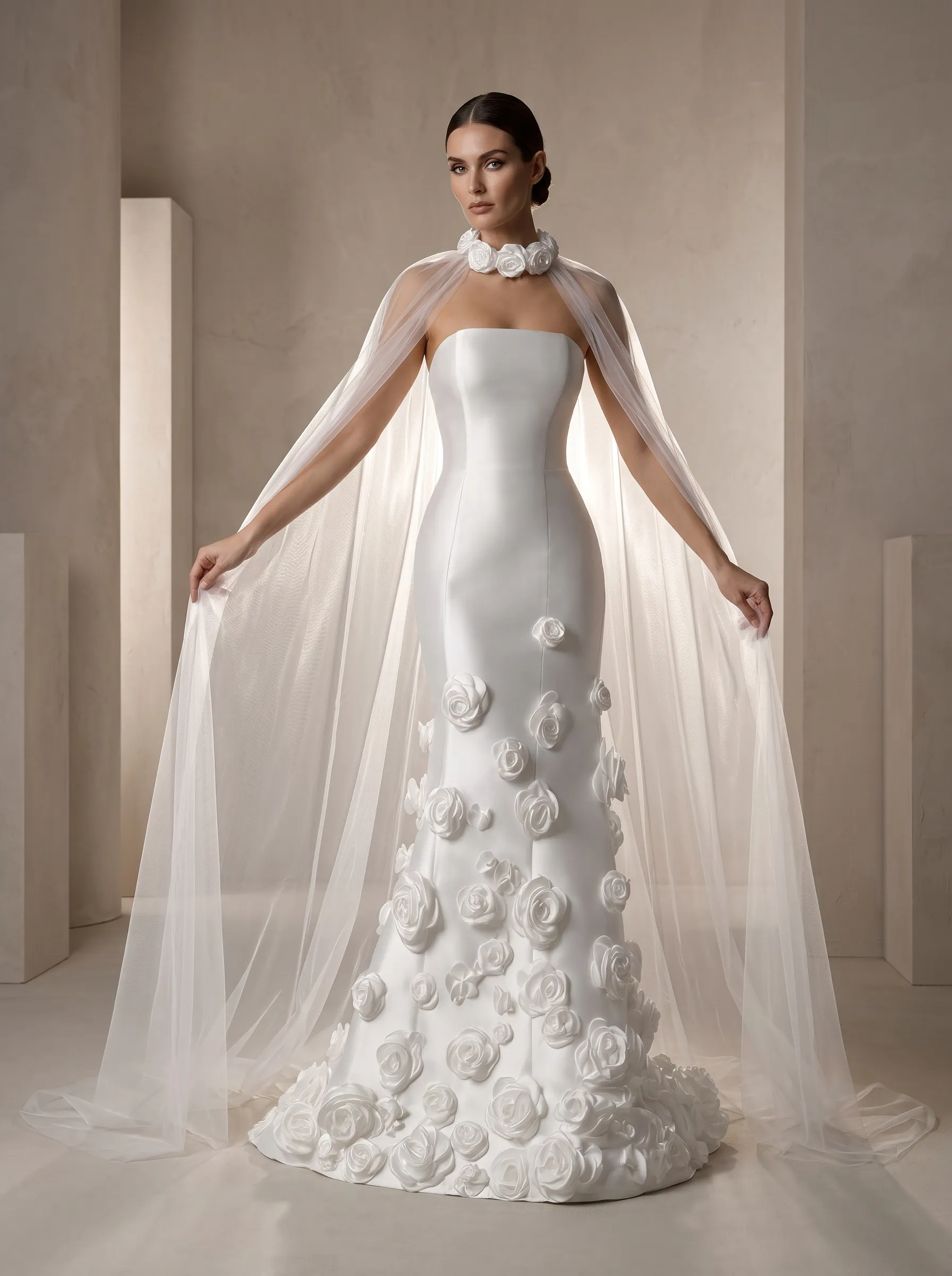  Modern Couture Satin Mermaid Wedding Dress | Strapless Straight Neckline Bridal Gown with 3D Rosette Hem and Sheer Cape W6010