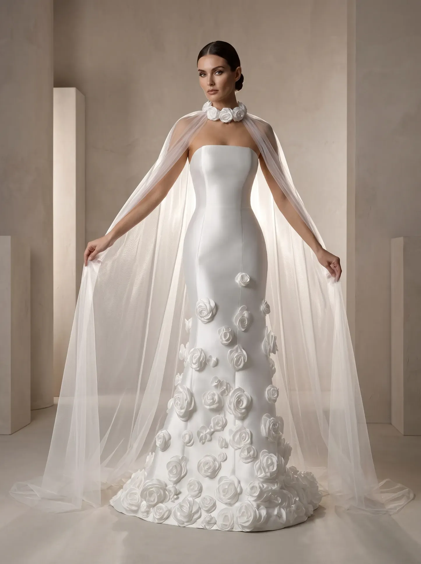  Modern Couture Satin Mermaid Wedding Dress | Strapless Straight Neckline Bridal Gown with 3D Rosette Hem and Sheer Cape W6010