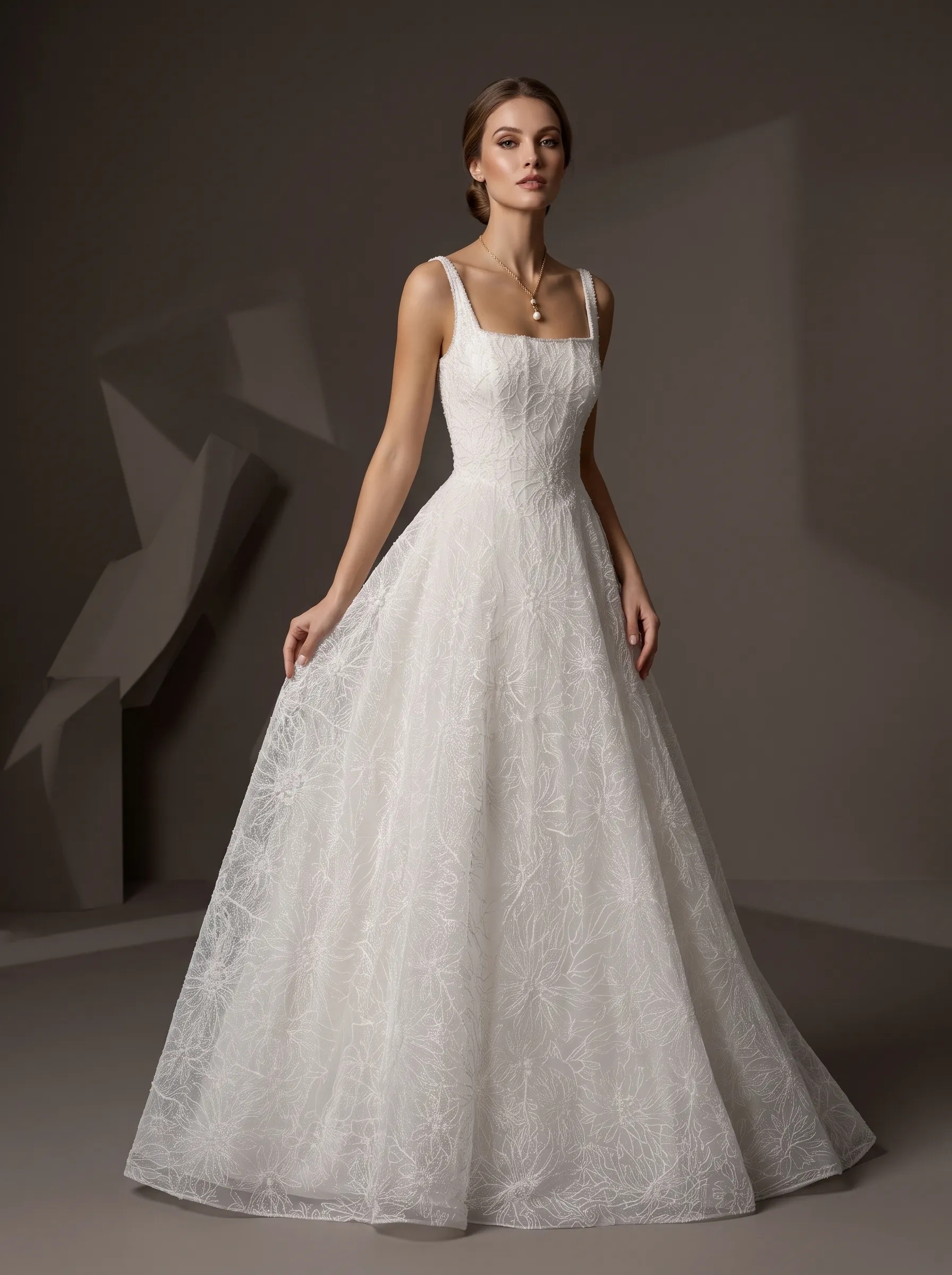 Timeless Botanical Lace A-Line Wedding Dress | Square Neckline Corset Bodice Bridal Gown with Thick Straps W6011