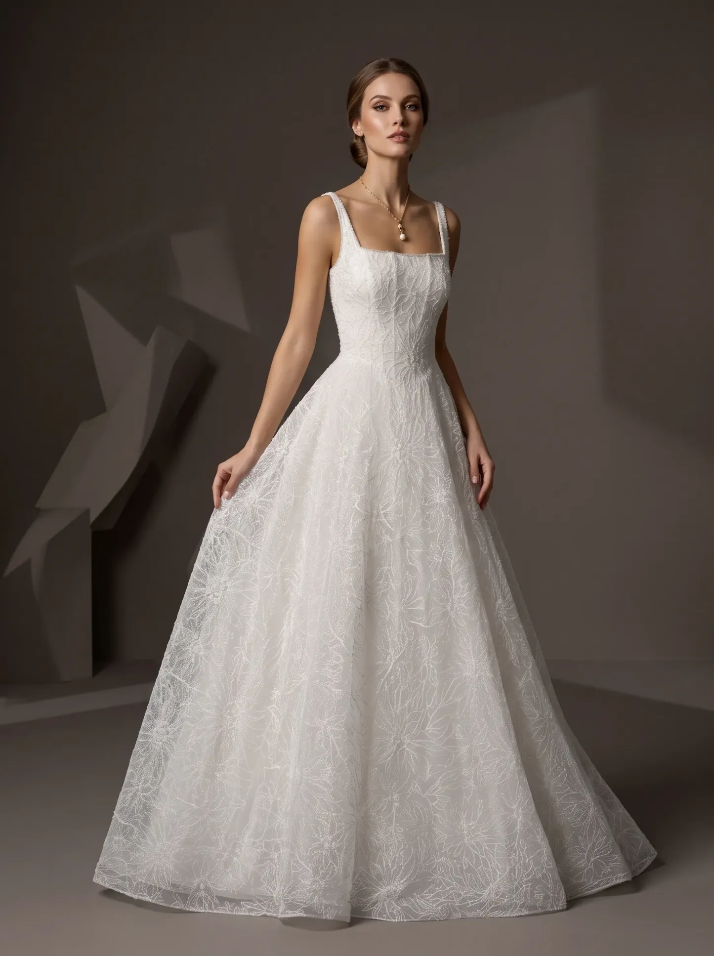 Timeless Botanical Lace A-Line Wedding Dress | Square Neckline Corset Bodice Bridal Gown with Thick Straps W6011