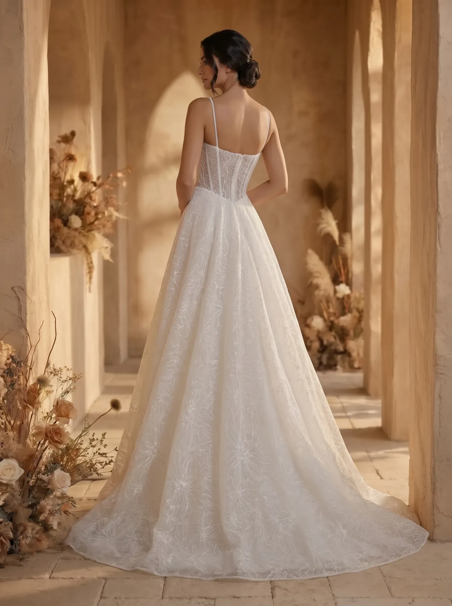 Timeless Botanical Lace A-Line Wedding Dress | Square Neckline Corset Bodice Bridal Gown with Thick Straps W6011