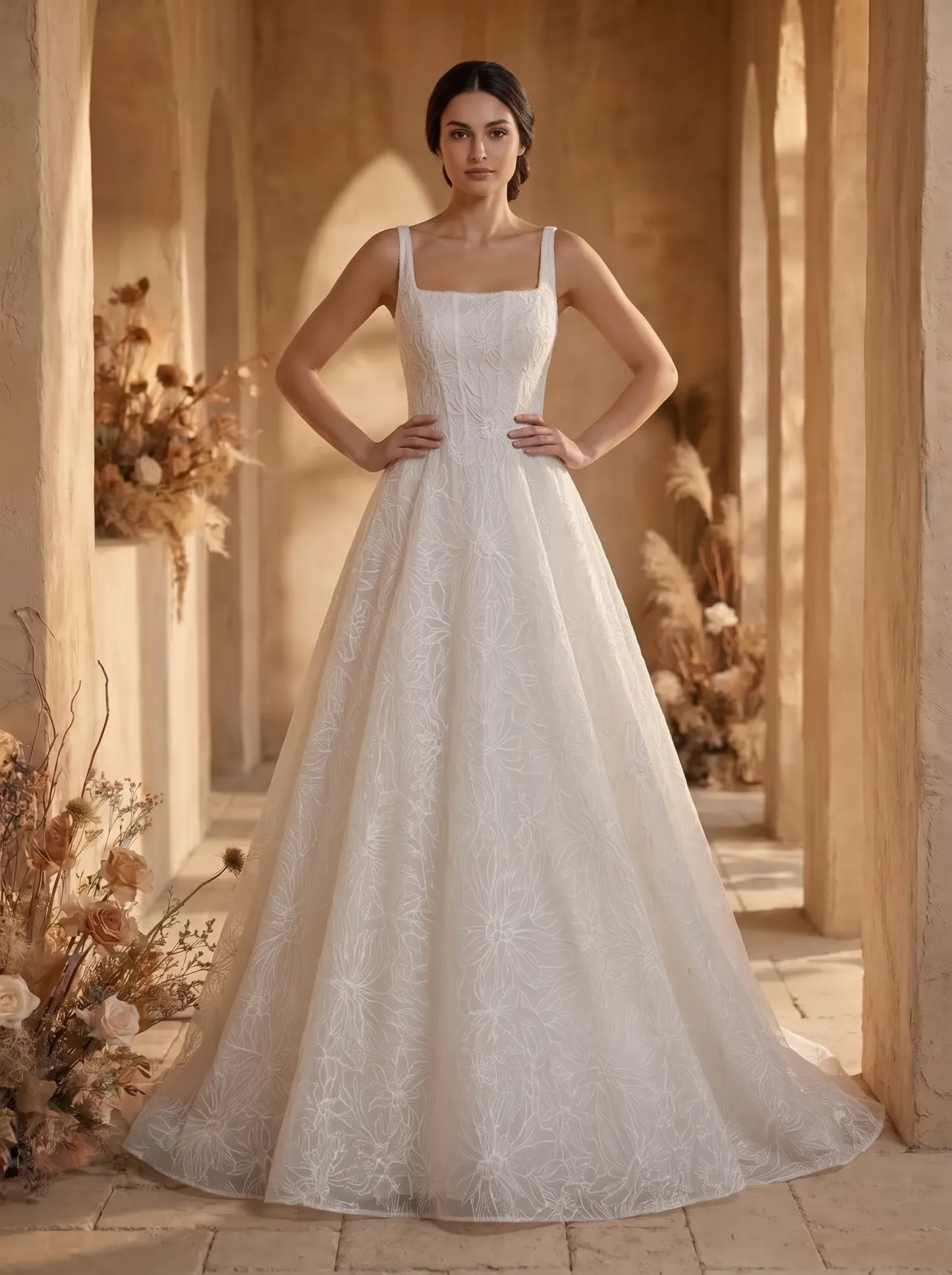 Timeless Botanical Lace A-Line Wedding Dress | Square Neckline Corset Bodice Bridal Gown with Thick Straps W6011