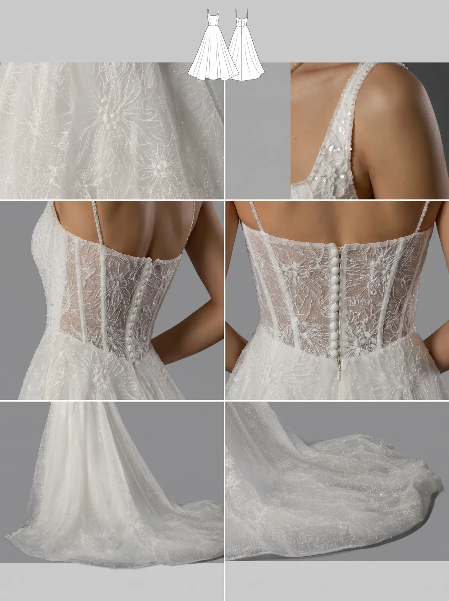 Timeless Botanical Lace A-Line Wedding Dress | Square Neckline Corset Bodice Bridal Gown with Thick Straps W6011
