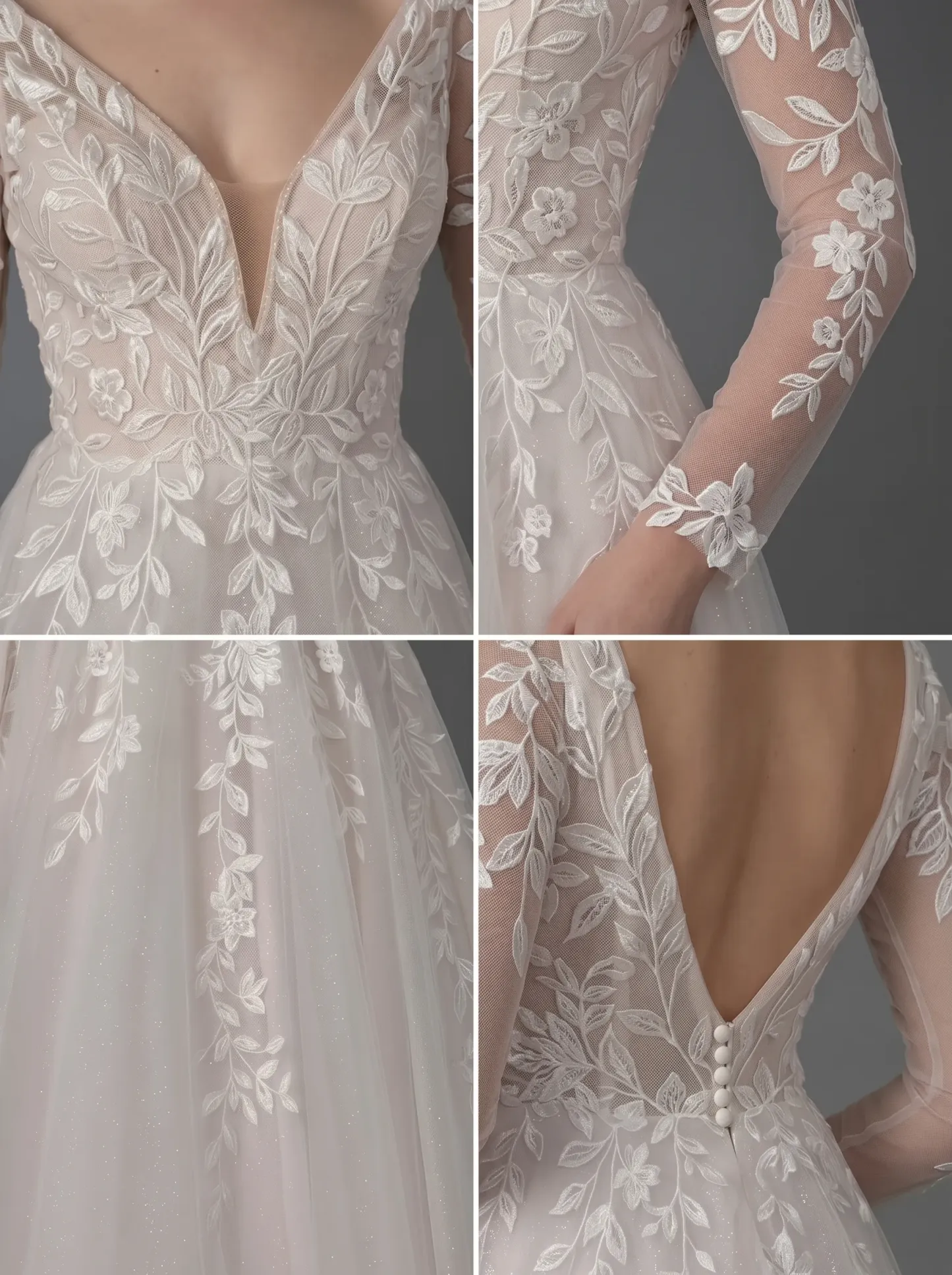 Illusion Long Sleeve Floral Lace A-Line Wedding Dress | Deep V-Neckline Sheer Sleeve Bridal Gown with Soft Tulle Court Train W6012