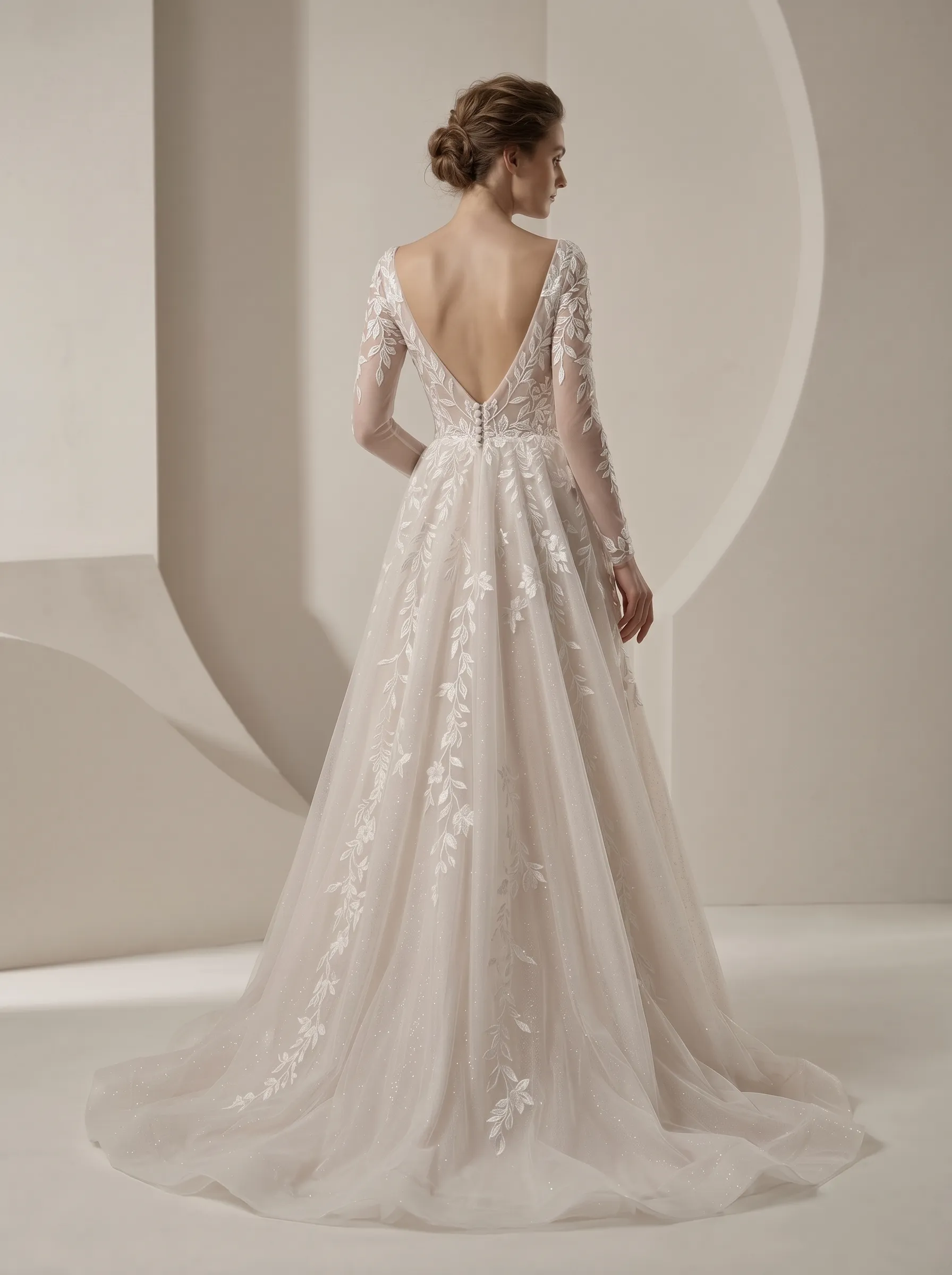 Illusion Long Sleeve Floral Lace A-Line Wedding Dress | Deep V-Neckline Sheer Sleeve Bridal Gown with Soft Tulle Court Train W6012
