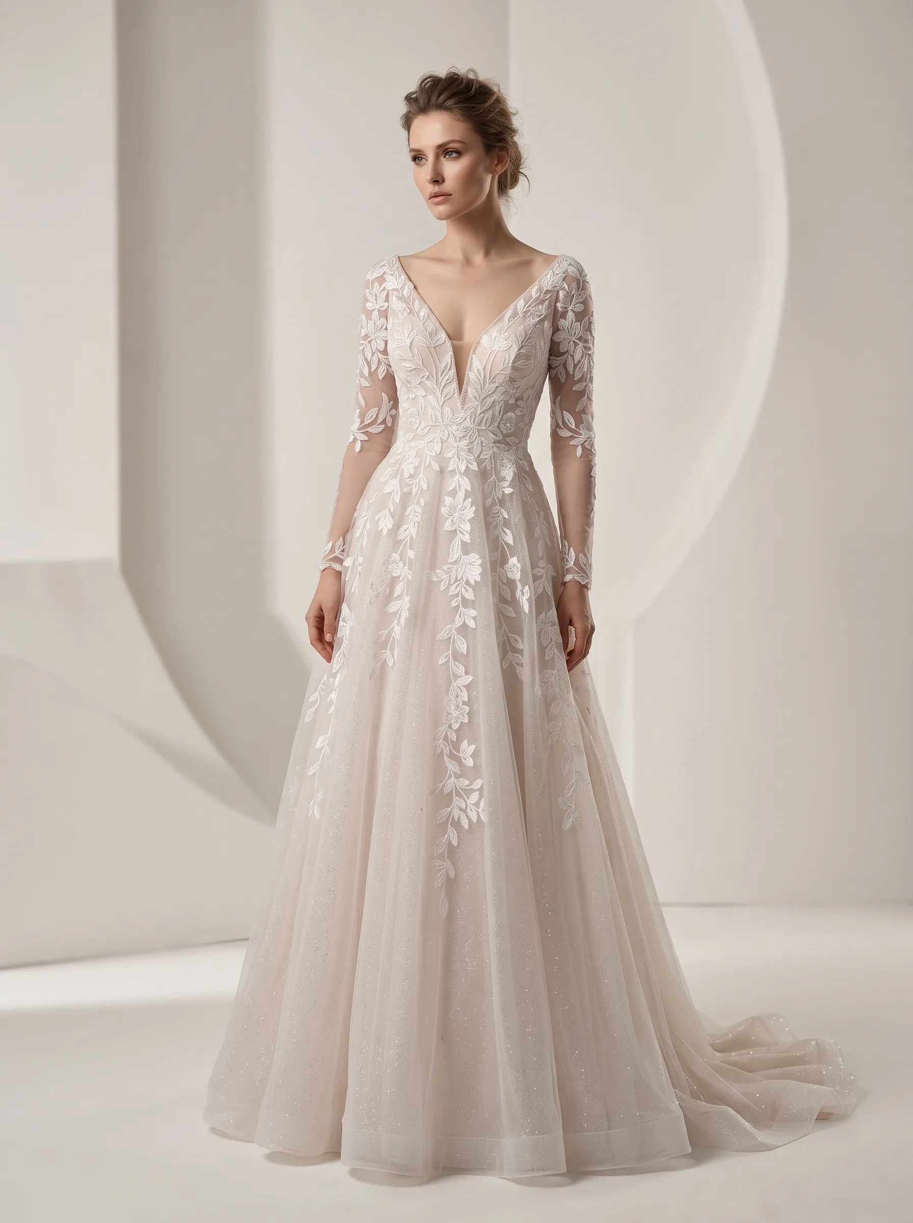 Illusion Long Sleeve Floral Lace A-Line Wedding Dress | Deep V-Neckline Sheer Sleeve Bridal Gown with Soft Tulle Court Train W6012