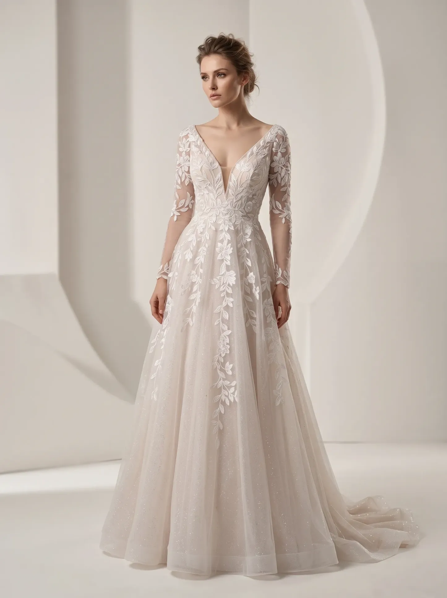 Illusion Long Sleeve Floral Lace A-Line Wedding Dress | Deep V-Neckline Sheer Sleeve Bridal Gown with Soft Tulle Court Train W6012