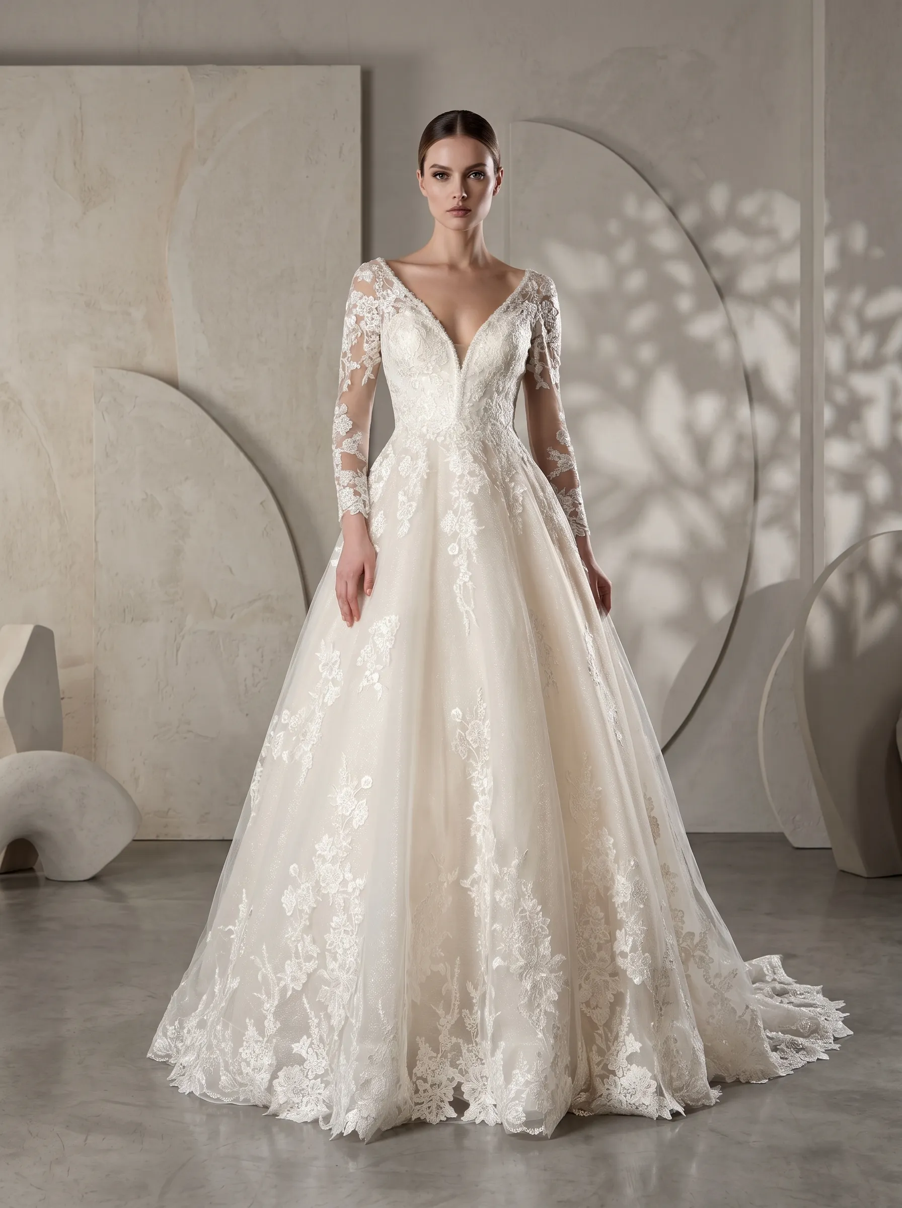 Regal Long Sleeve Floral Lace Ball Gown Wedding Dress | Deep V-Neckline Illusion Sleeve Bridal Gown with Cathedral Train W6013