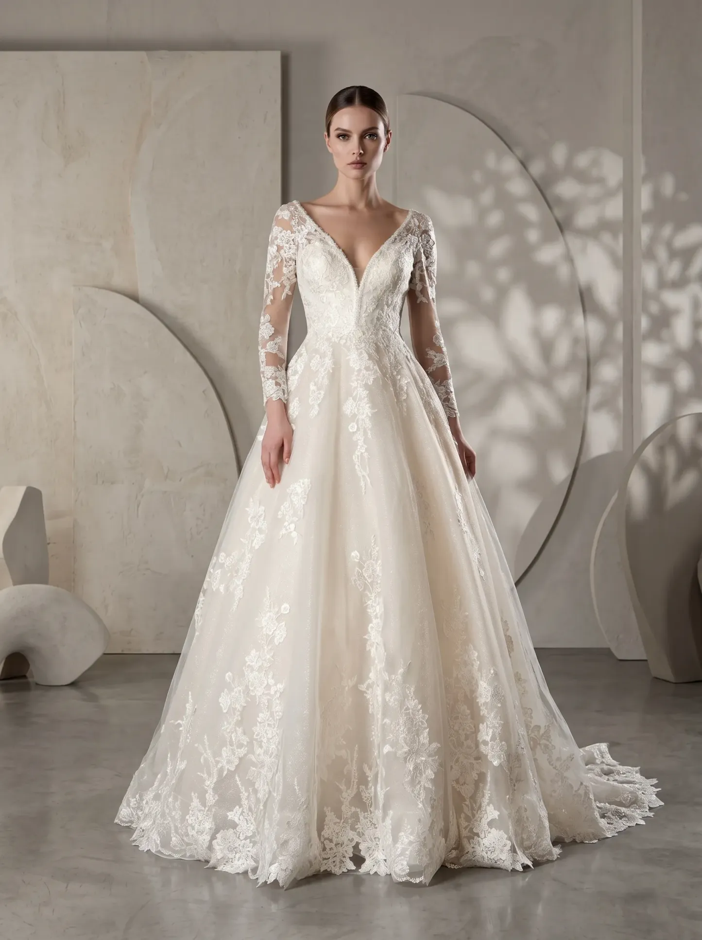 Regal Long Sleeve Floral Lace Ball Gown Wedding Dress | Deep V-Neckline Illusion Sleeve Bridal Gown with Cathedral Train W6013
