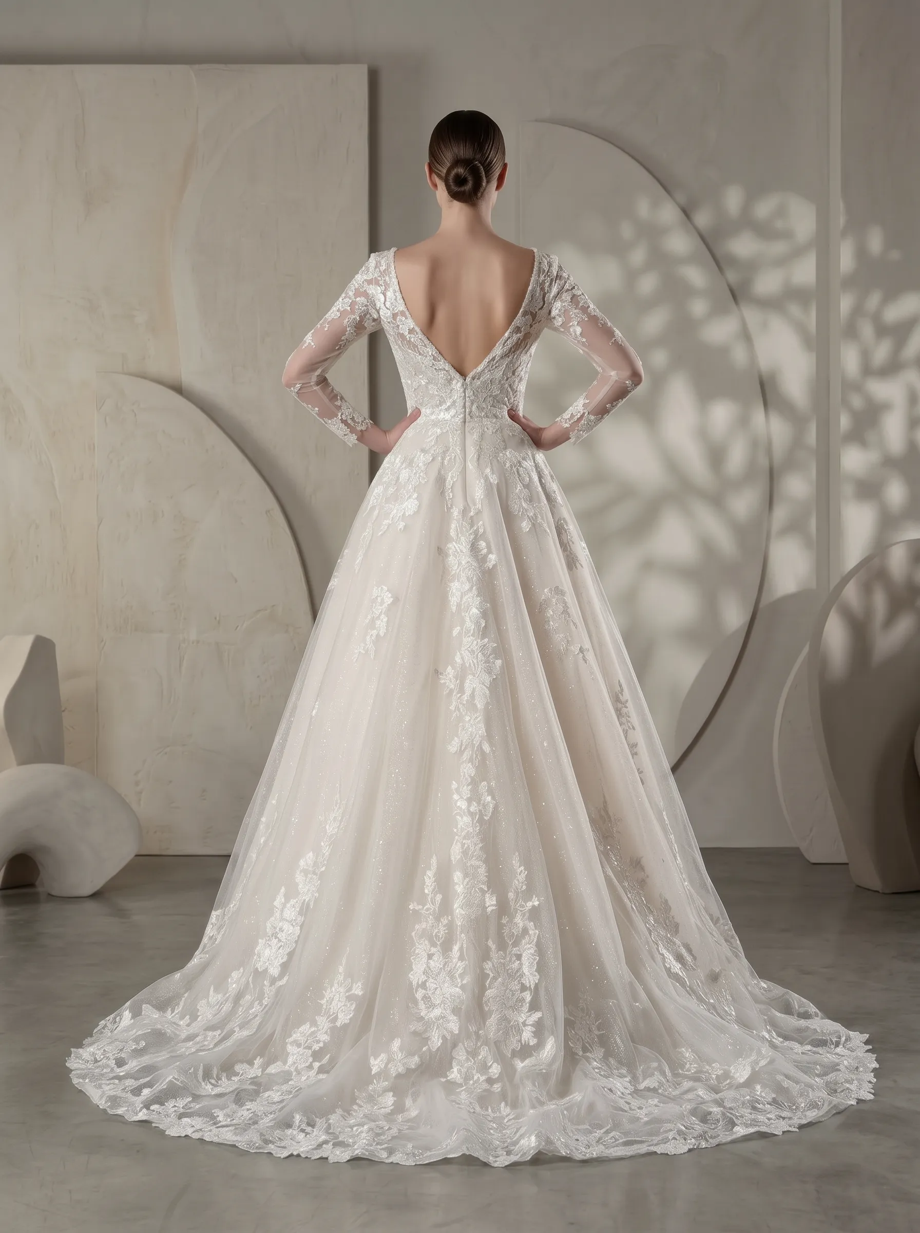 Regal Long Sleeve Floral Lace Ball Gown Wedding Dress | Deep V-Neckline Illusion Sleeve Bridal Gown with Cathedral Train W6013