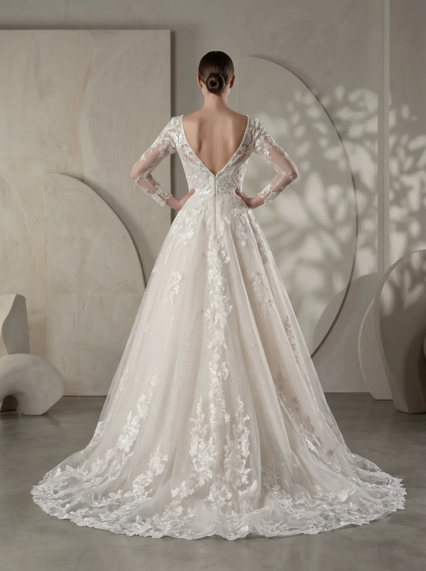 Regal Long Sleeve Floral Lace Ball Gown Wedding Dress | Deep V-Neckline Illusion Sleeve Bridal Gown with Cathedral Train W6013