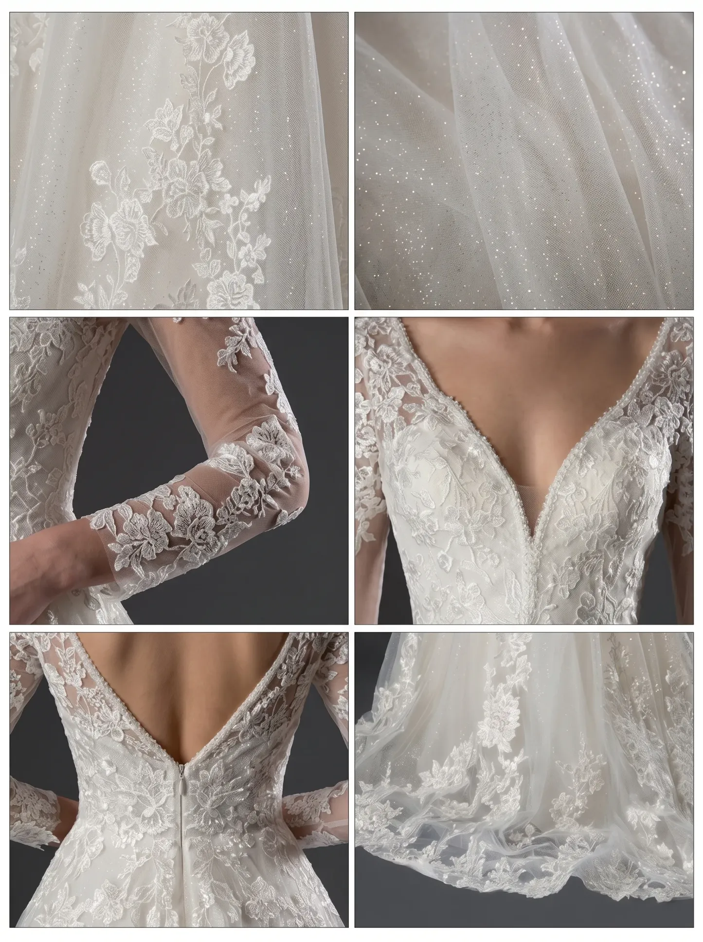Regal Long Sleeve Floral Lace Ball Gown Wedding Dress | Deep V-Neckline Illusion Sleeve Bridal Gown with Cathedral Train W6013