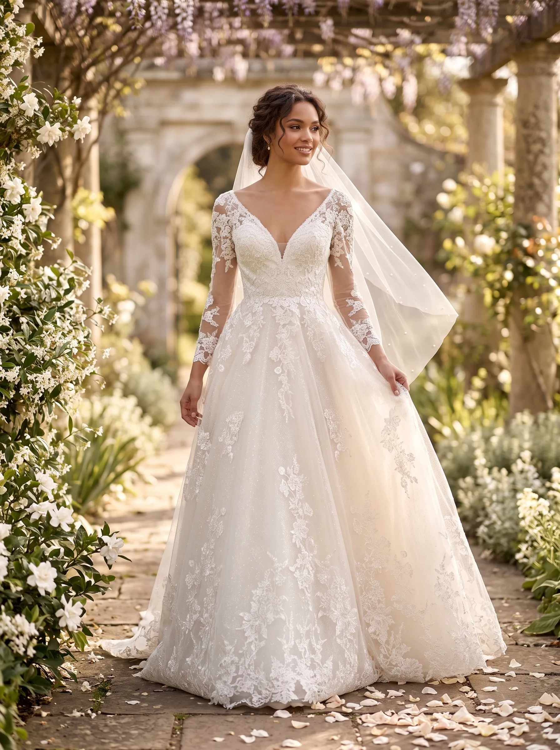 Regal Long Sleeve Floral Lace Ball Gown Wedding Dress | Deep V-Neckline Illusion Sleeve Bridal Gown with Cathedral Train W6013