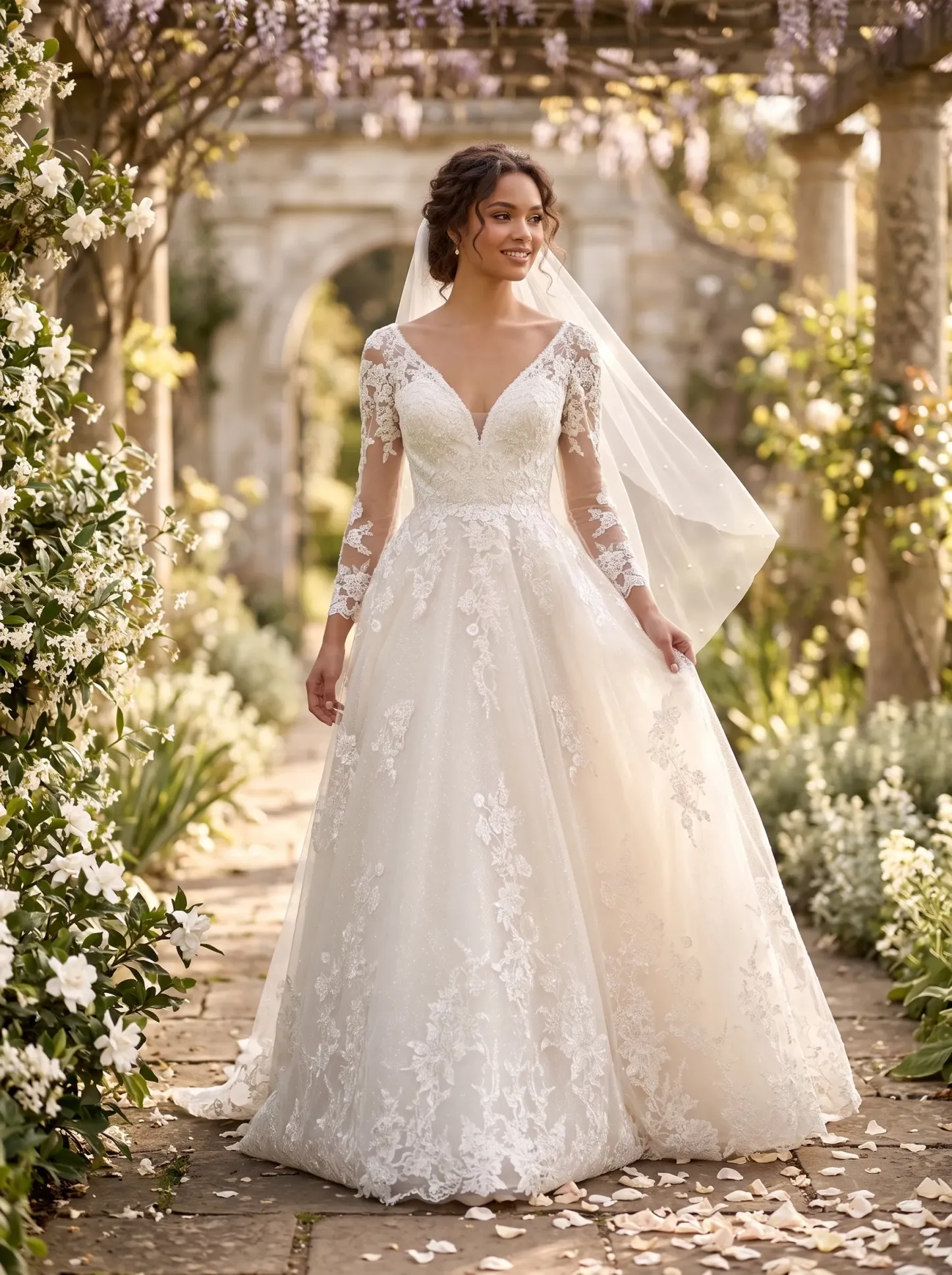 Regal Long Sleeve Floral Lace Ball Gown Wedding Dress | Deep V-Neckline Illusion Sleeve Bridal Gown with Cathedral Train W6013