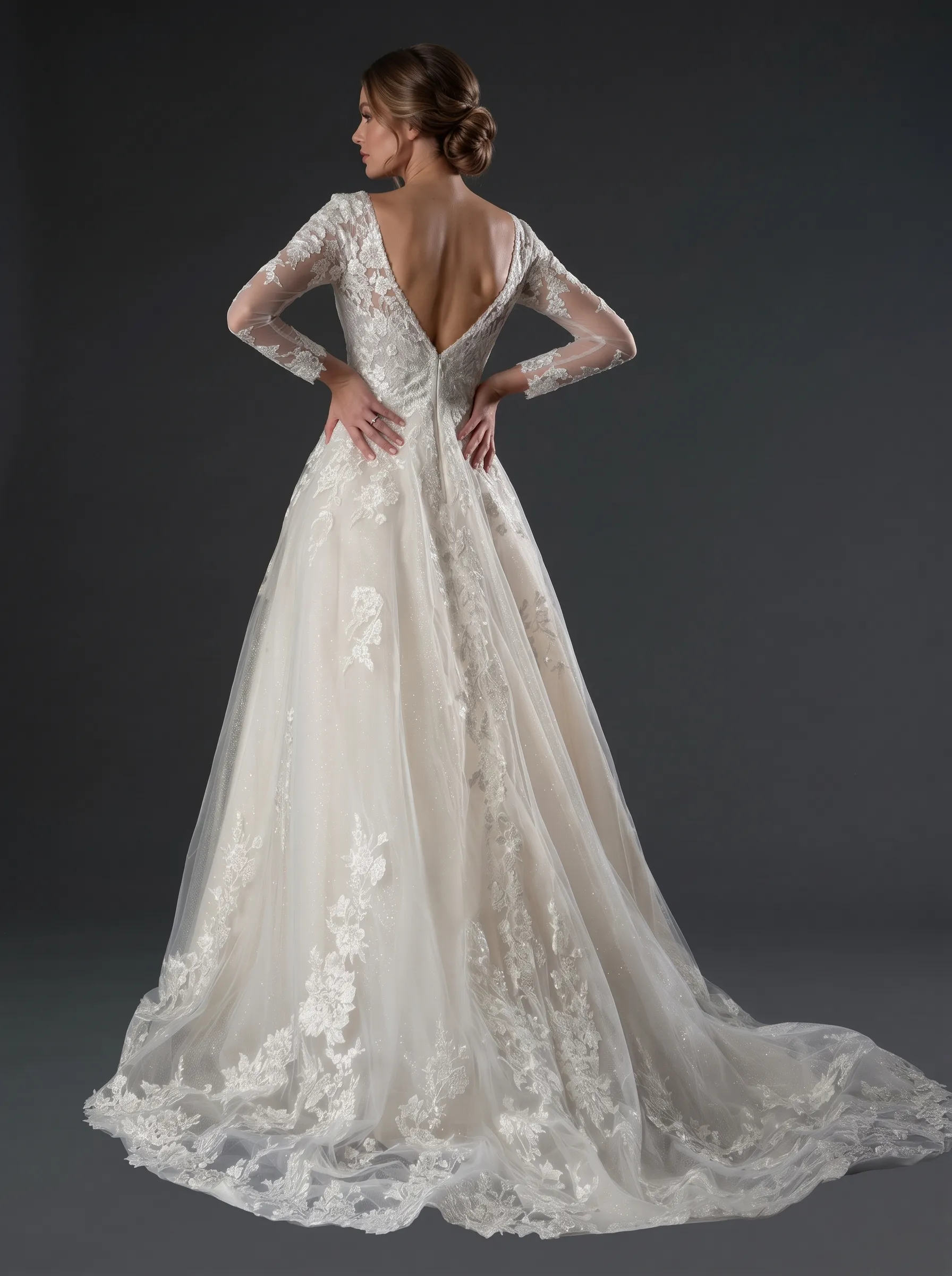 Regal Long Sleeve Floral Lace Ball Gown Wedding Dress | Deep V-Neckline Illusion Sleeve Bridal Gown with Cathedral Train W6013
