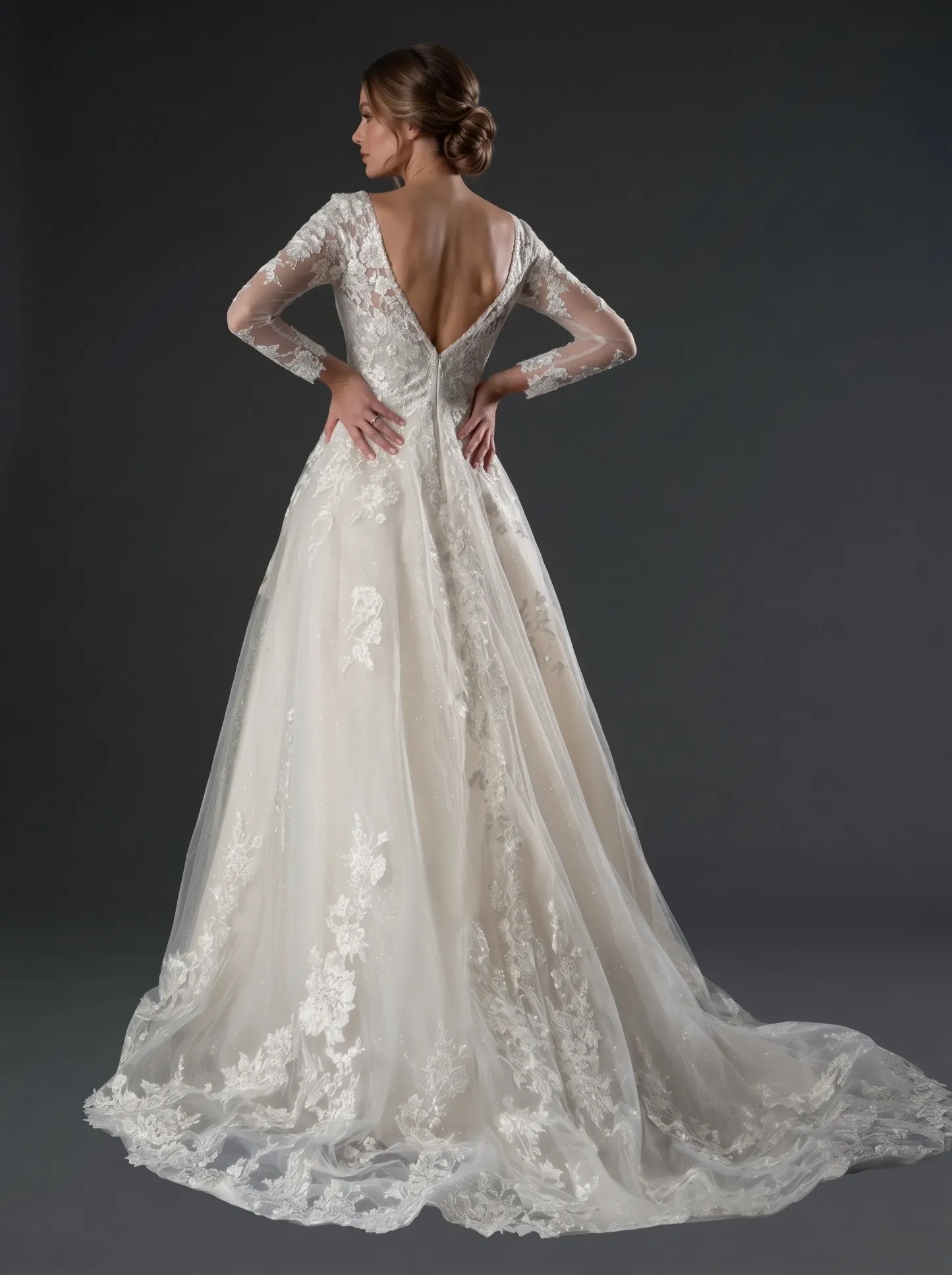 Regal Long Sleeve Floral Lace Ball Gown Wedding Dress | Deep V-Neckline Illusion Sleeve Bridal Gown with Cathedral Train W6013