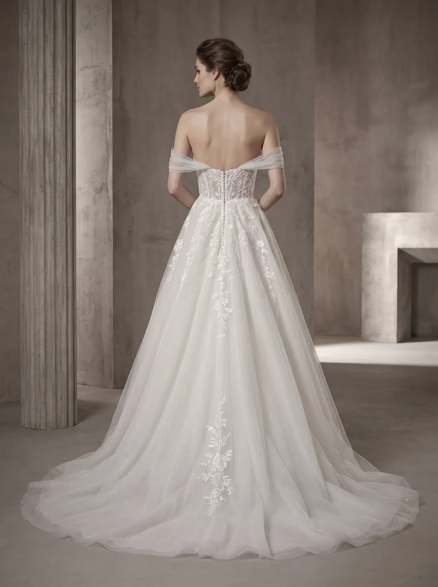 Off-the-Shoulder Floral Lace Ball Gown Wedding Dress | Sweetheart Illusion Neckline Tulle Bridal Gown with Sweep Train W6014