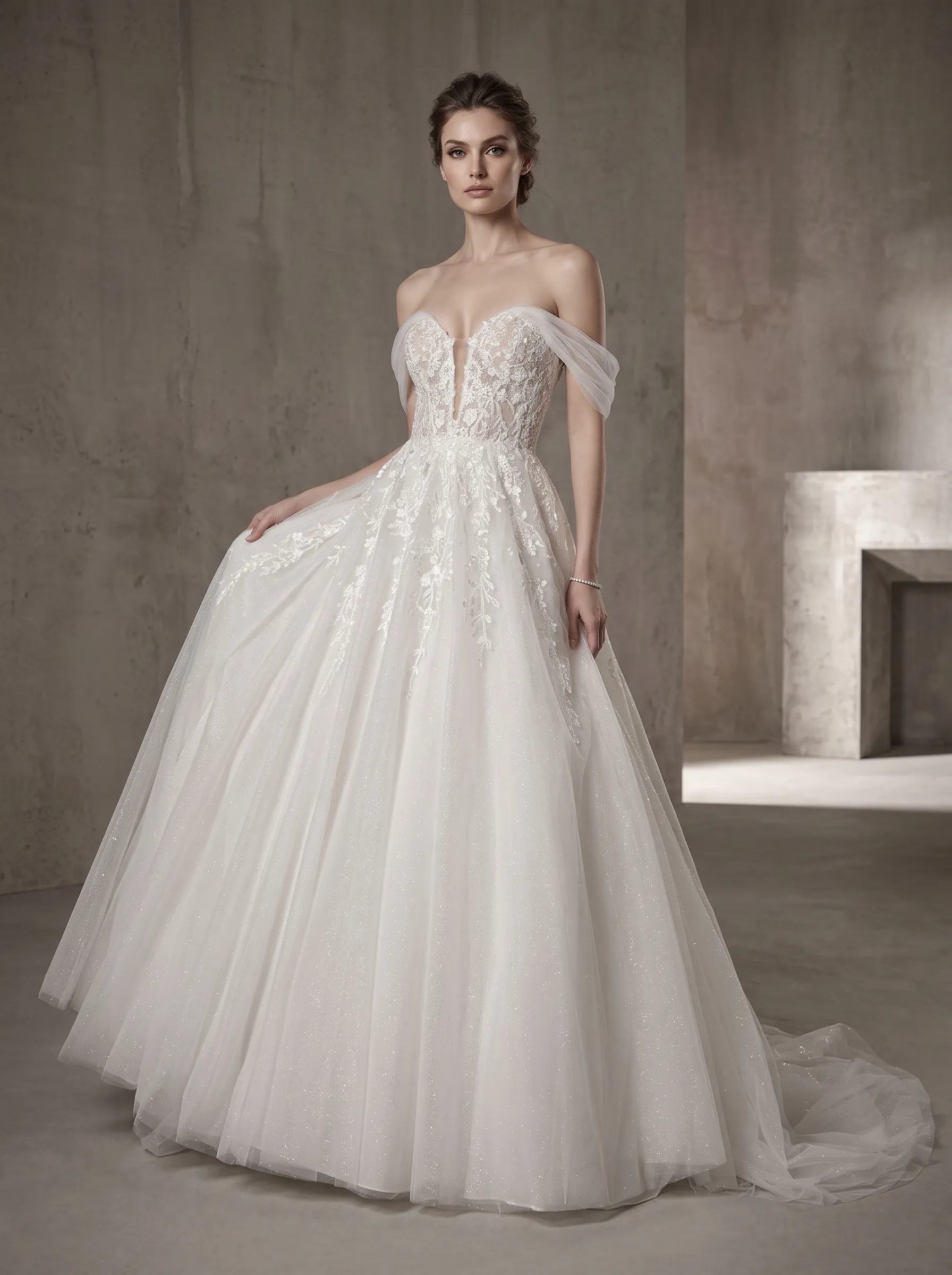 Off-the-Shoulder Floral Lace Ball Gown Wedding Dress | Sweetheart Illusion Neckline Tulle Bridal Gown with Sweep Train W6014
