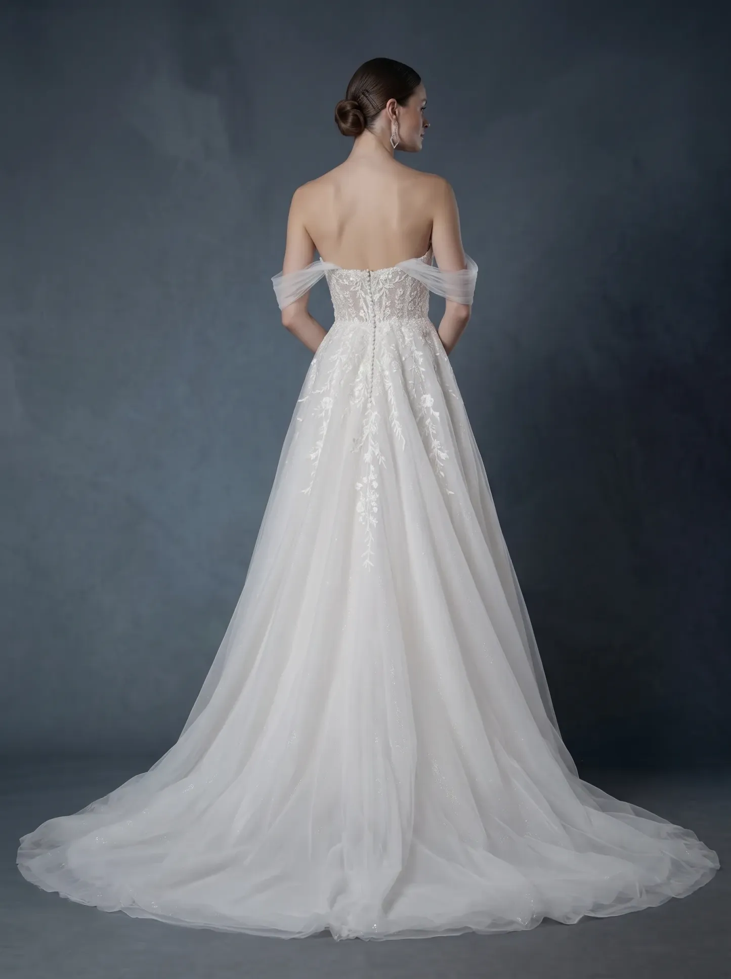 Off-the-Shoulder Floral Lace Ball Gown Wedding Dress | Sweetheart Illusion Neckline Tulle Bridal Gown with Sweep Train W6014