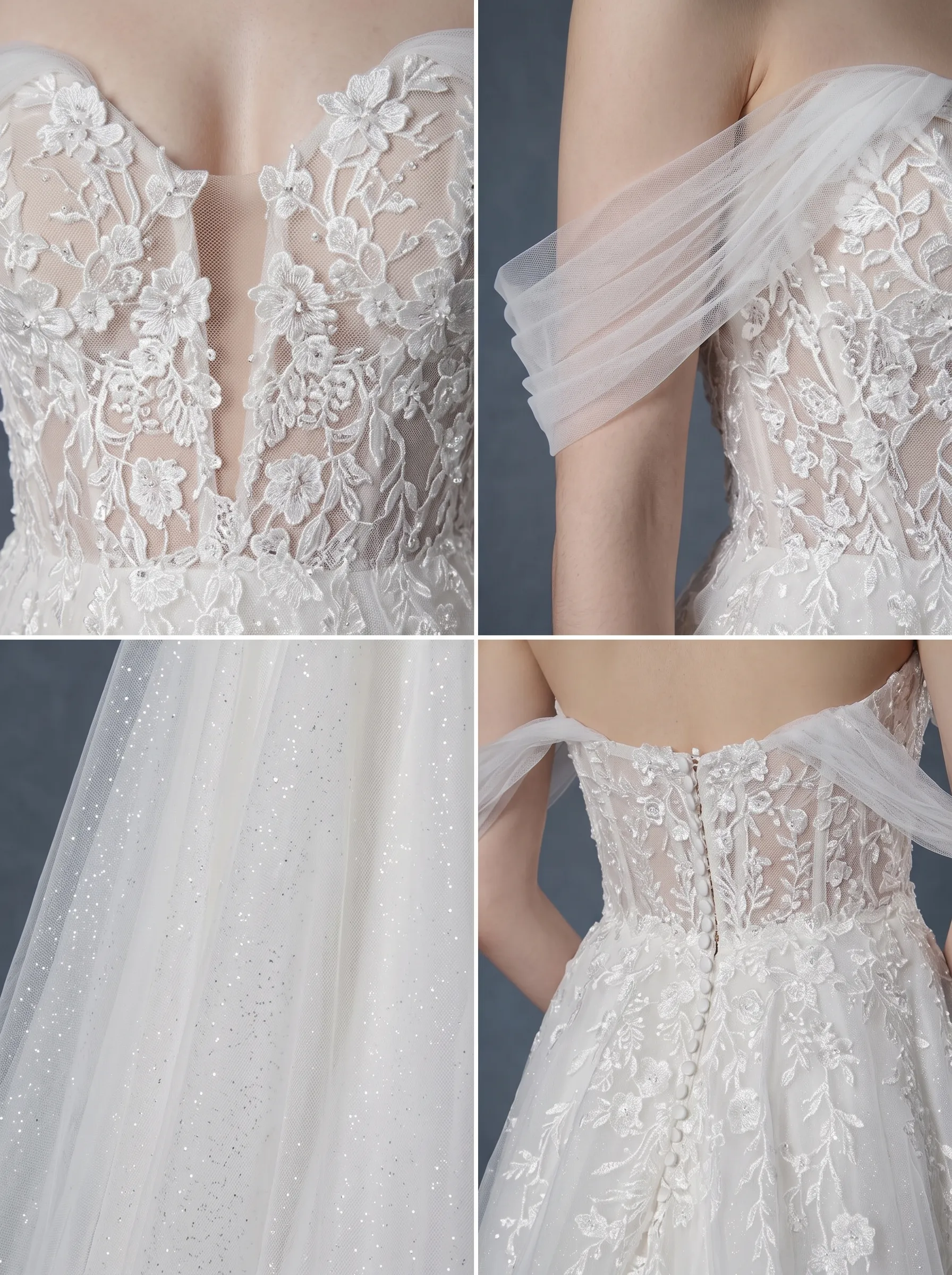 Off-the-Shoulder Floral Lace Ball Gown Wedding Dress | Sweetheart Illusion Neckline Tulle Bridal Gown with Sweep Train W6014