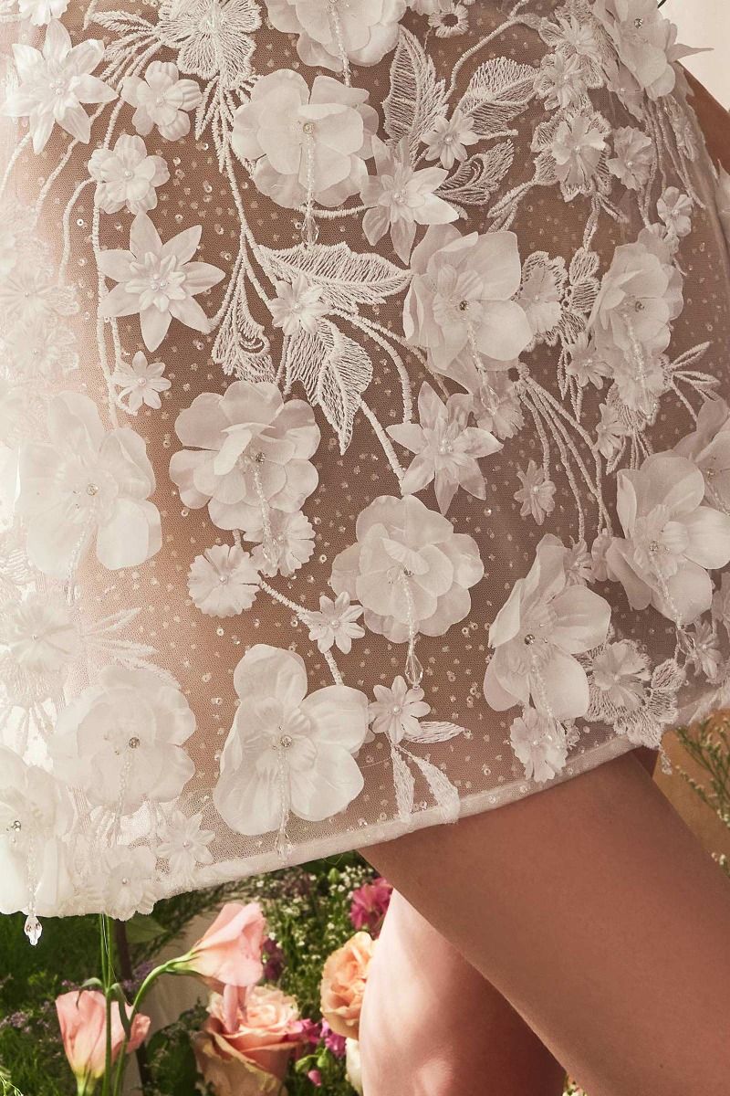 Dimensional Floral & Lace Strapless Short Bridal Midi Dress WL085