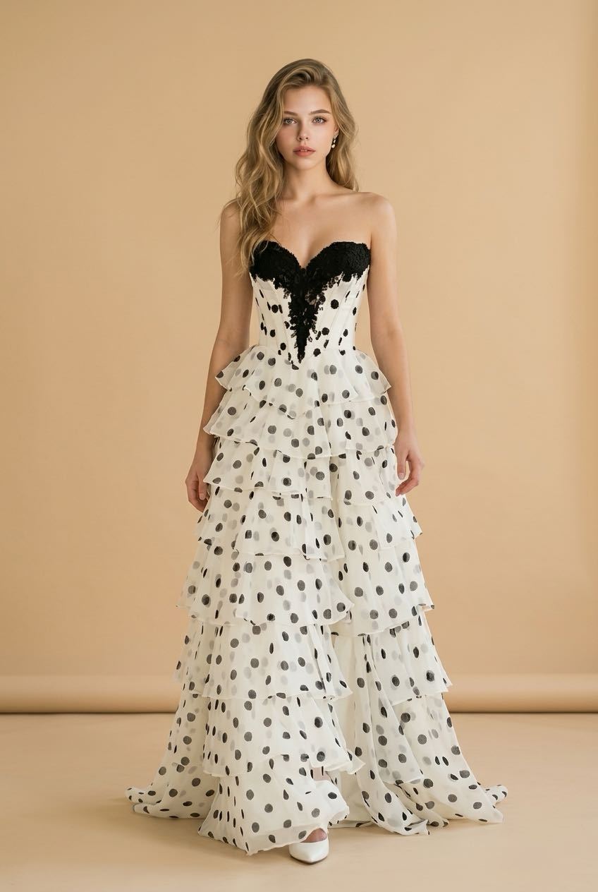 #3723 Strapless polka dot ballgown 