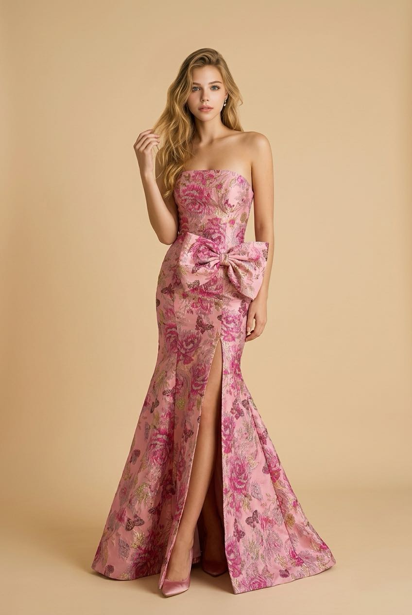 #3717 Strapless brocade gown with skirt and bow on hip. 