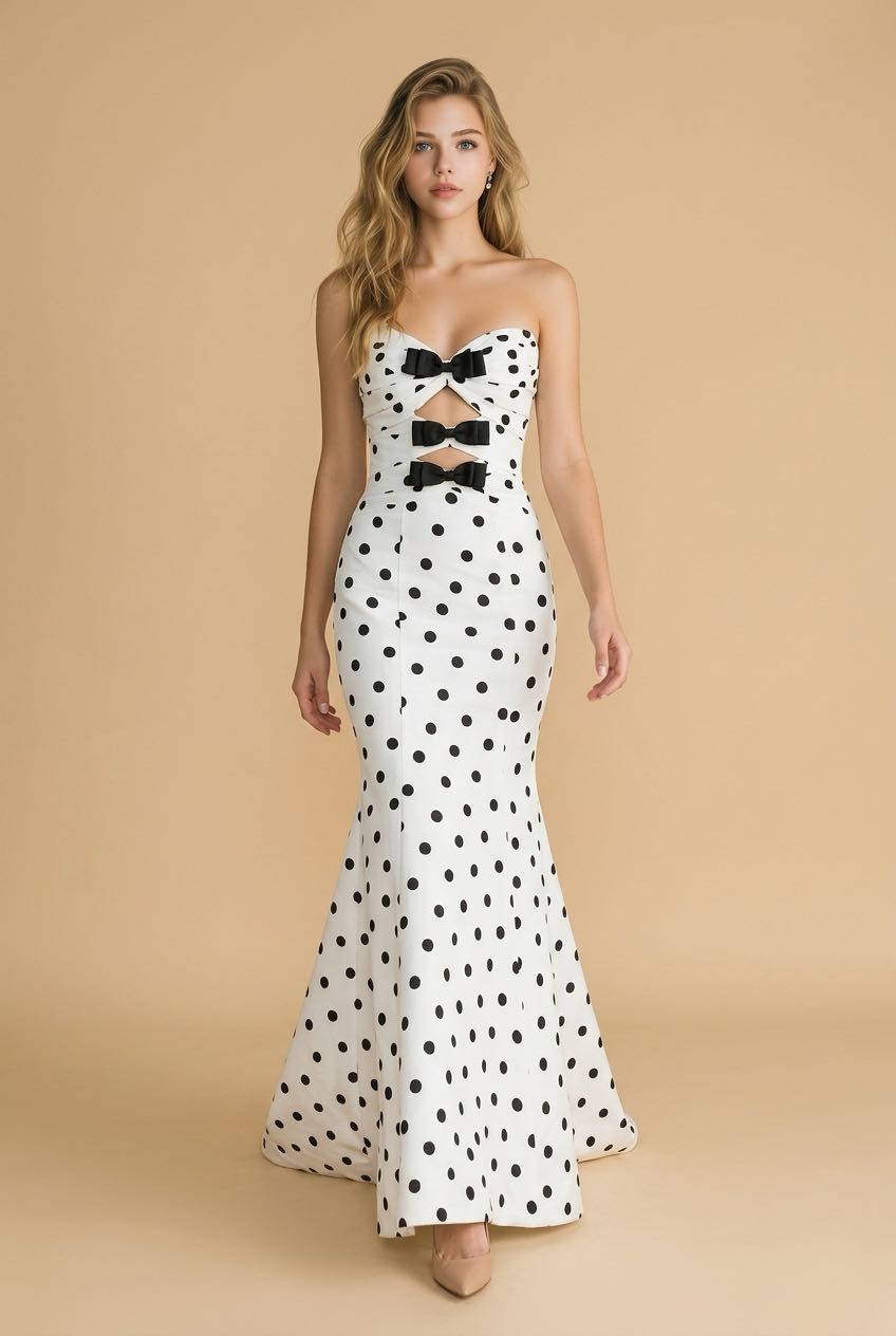 #3727 Strapless mermaid polka dot gown with keyholes and bows. 