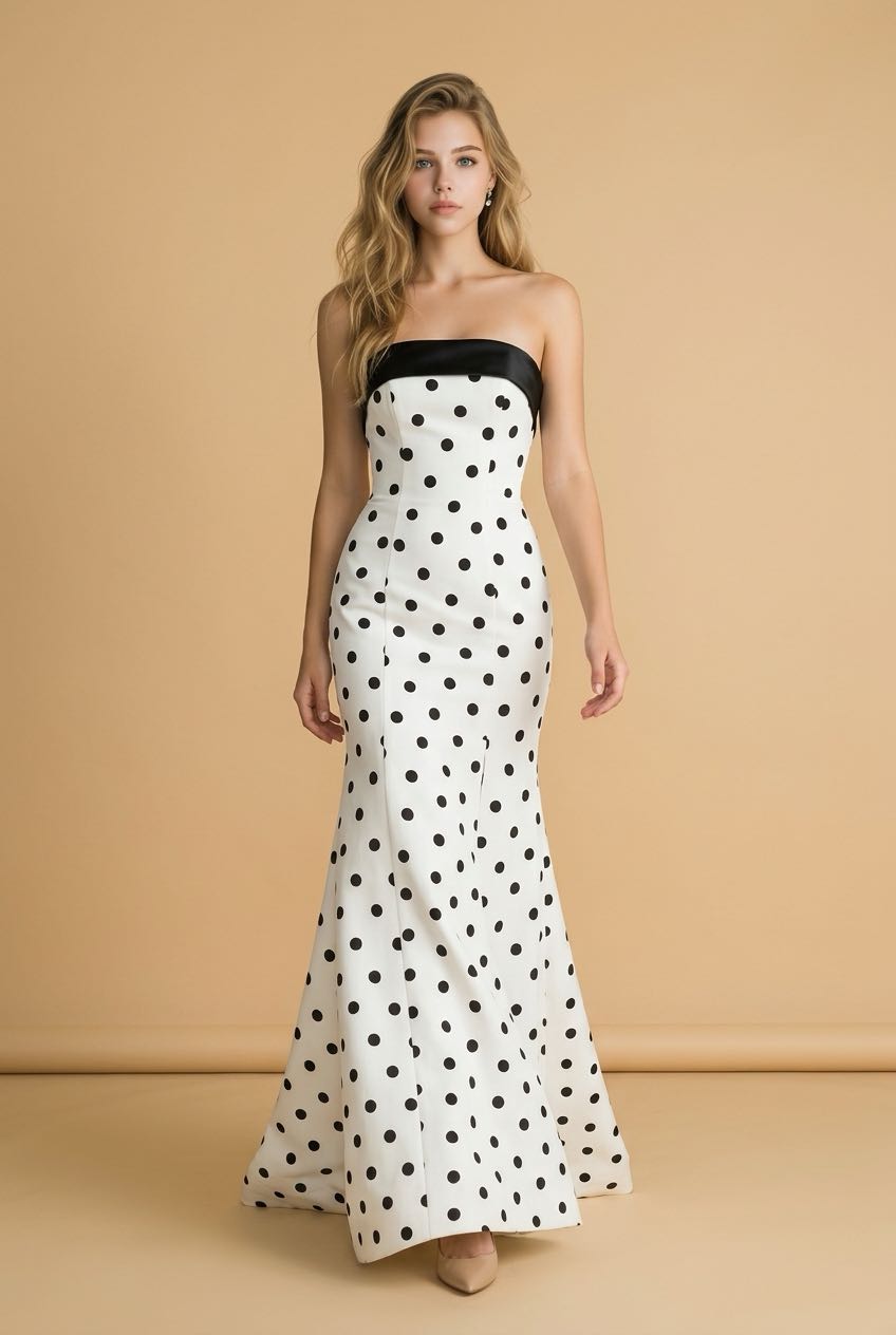 #3726 Strapless fitted polka dot gown with slit.  