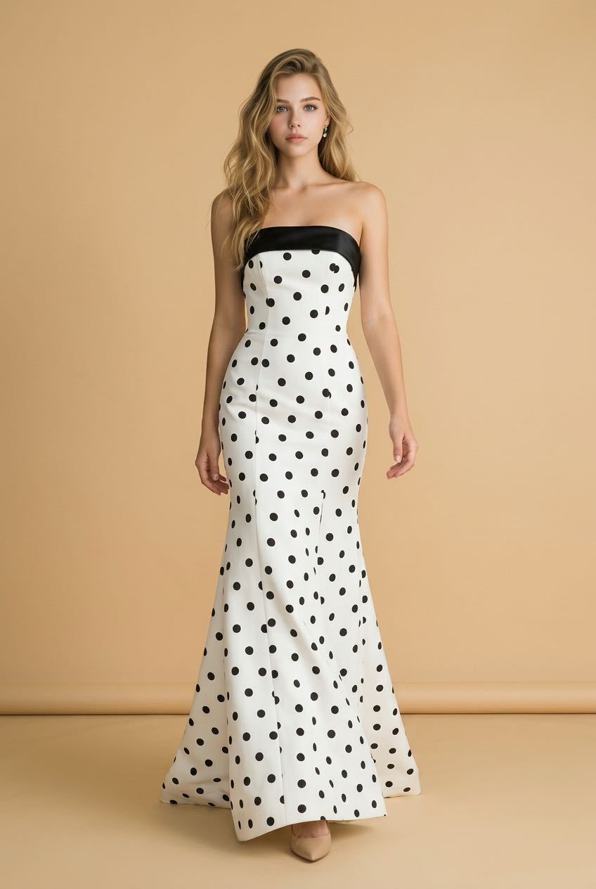 #3726 Strapless fitted polka dot gown with slit.  