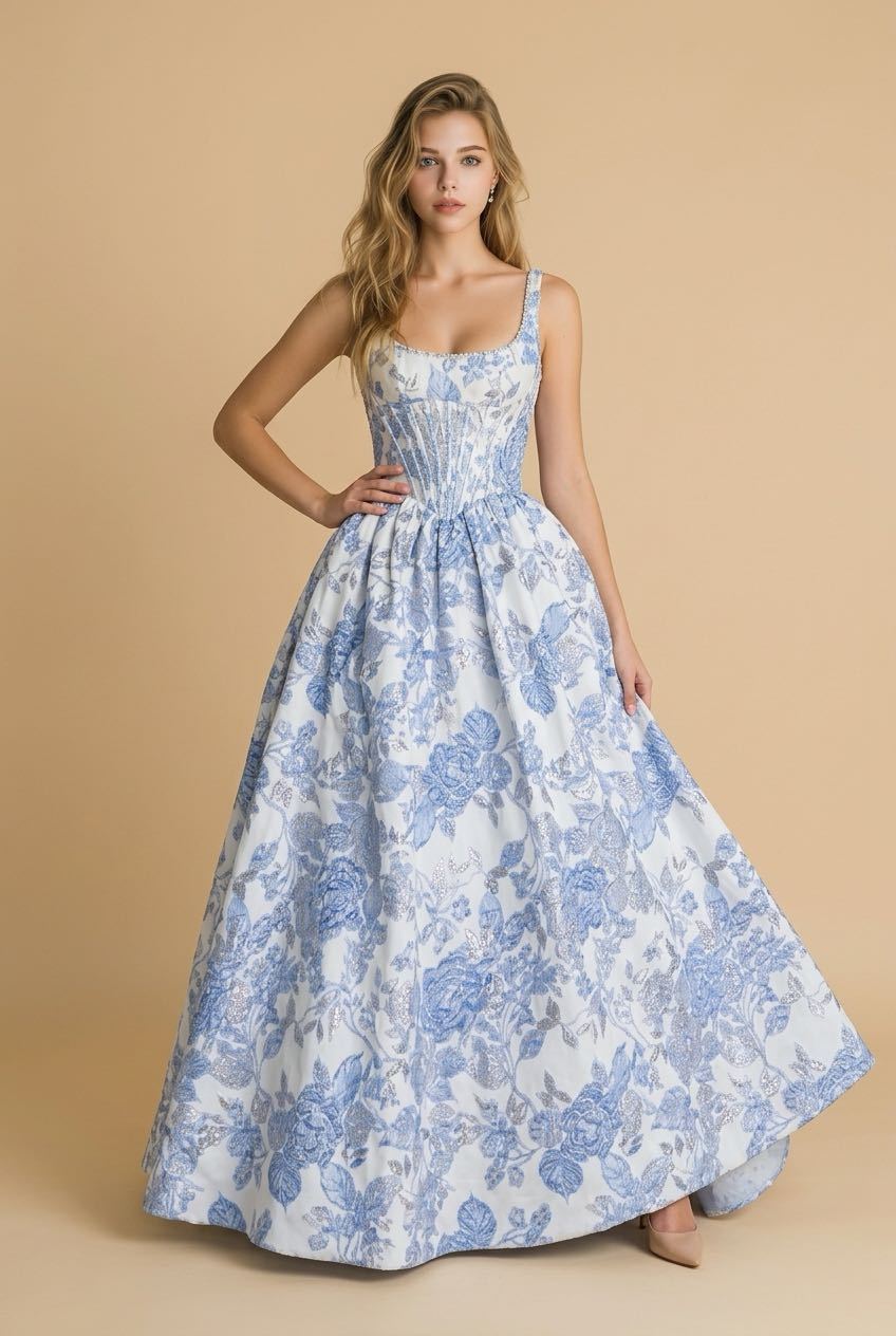 #3716 Brocade ballgown with corset bodice and pearl embellishments.  