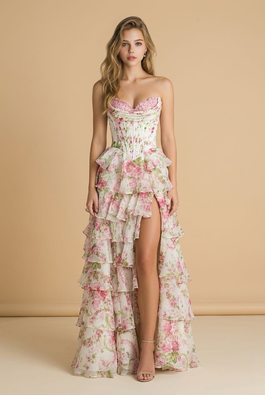 #3714 Strapless floral gown with chiffon ruffle skirt with slit. 